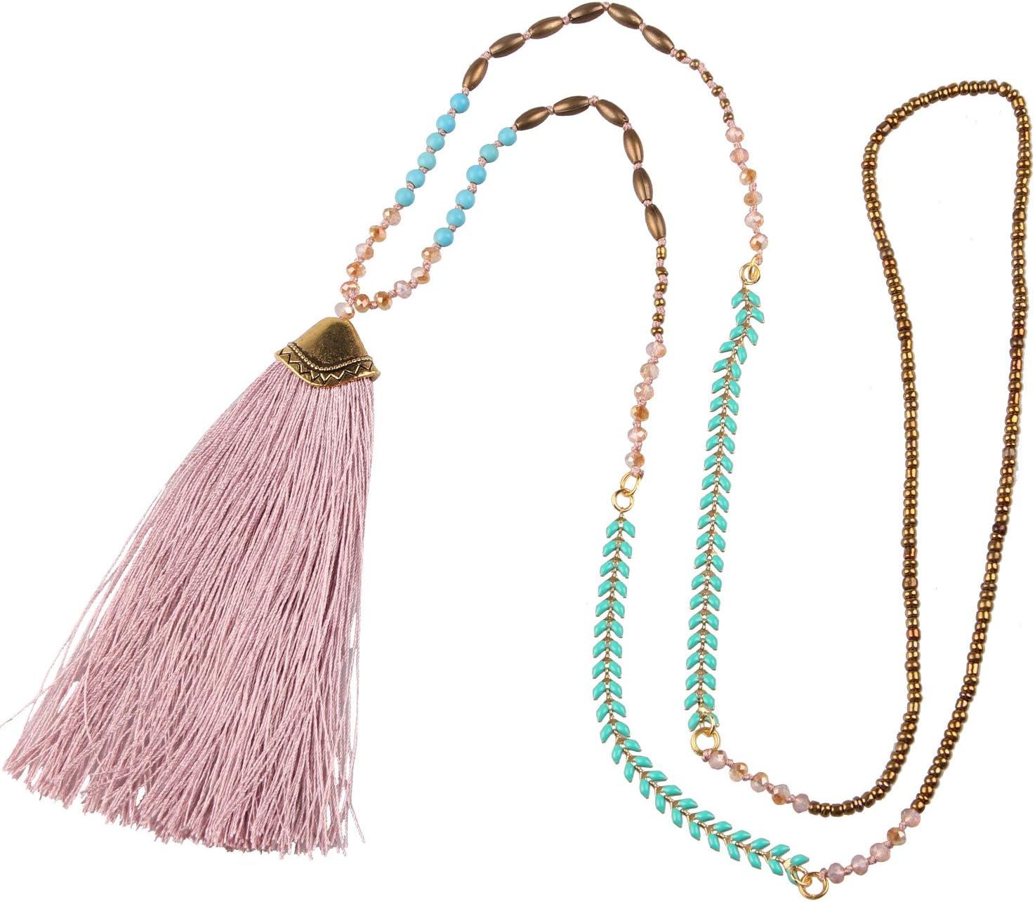 KELITCH Turquoise Crystal Beads Strand Necklace Color Tassel Necklace for Women