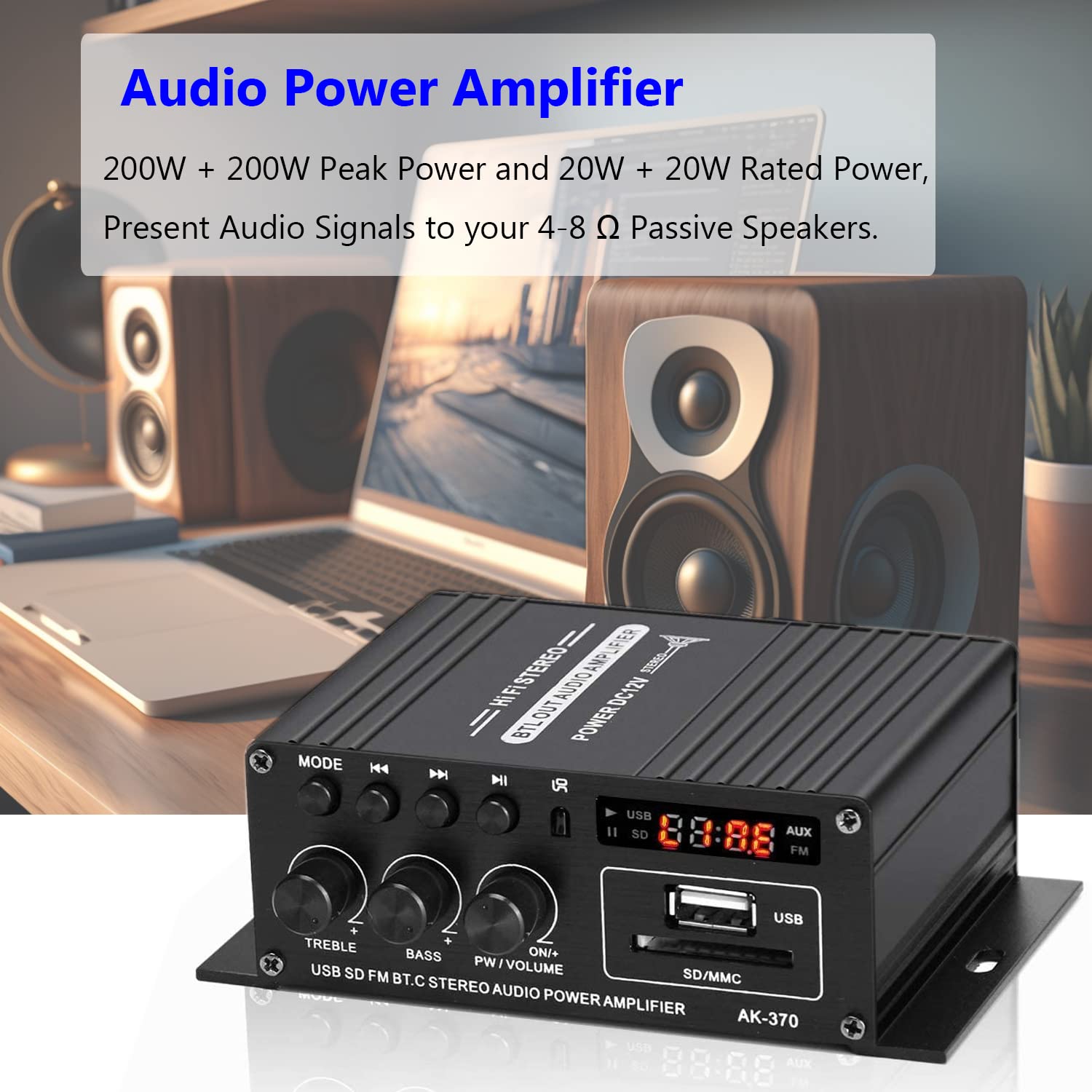 Bluetooth Mini Verstärker 12V, 2.0 Kanal Klar und Realität Sound 400 Watt Home Audio Stereo Hi-Fi Musik für Passiver Lautsprecher PC TV Auto (Kein Netzteil)