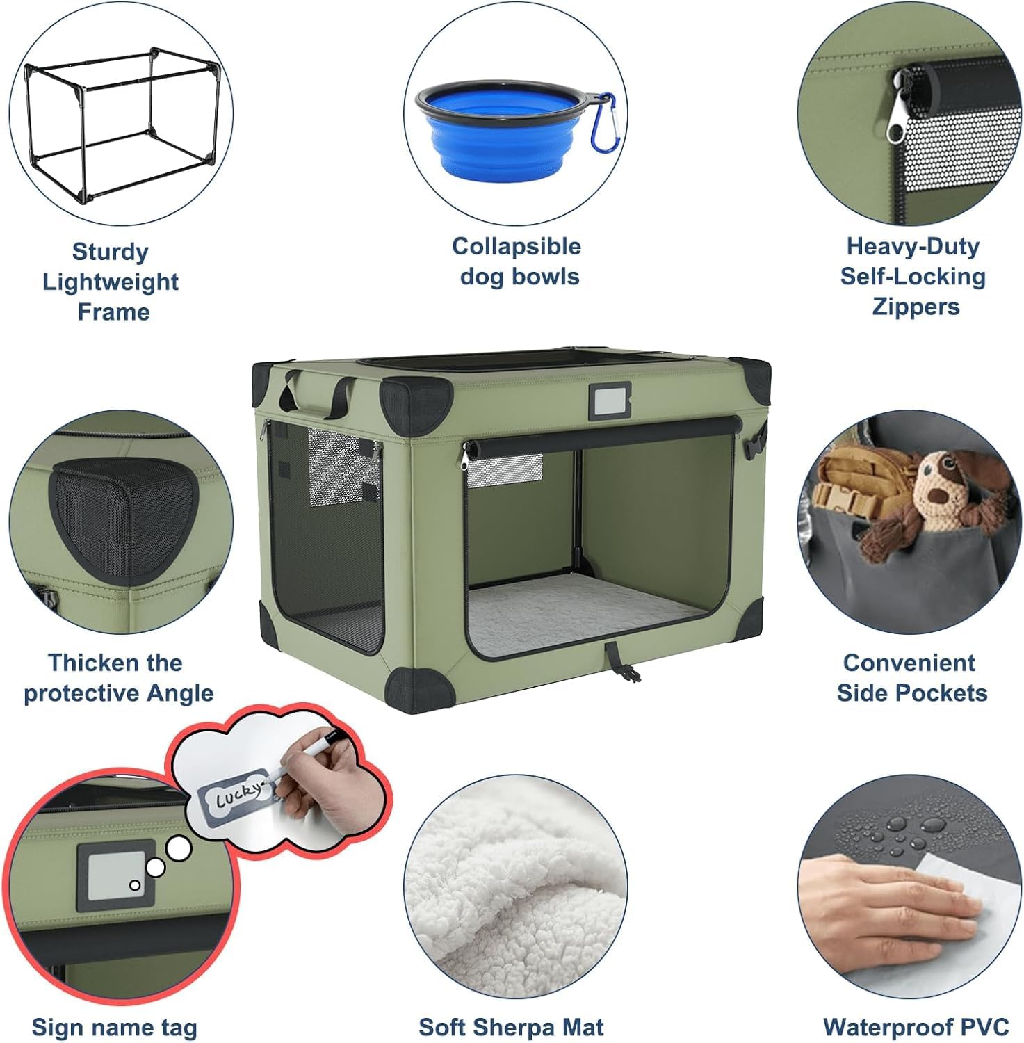 36 Collapsible Dog Crate, Soft Foldable Pet Kennel with 3-Door Mesh Windows, Soft Warm Blanket and Foldable Bowl, Indoor & Outdoor Portable Travel Crate, Green