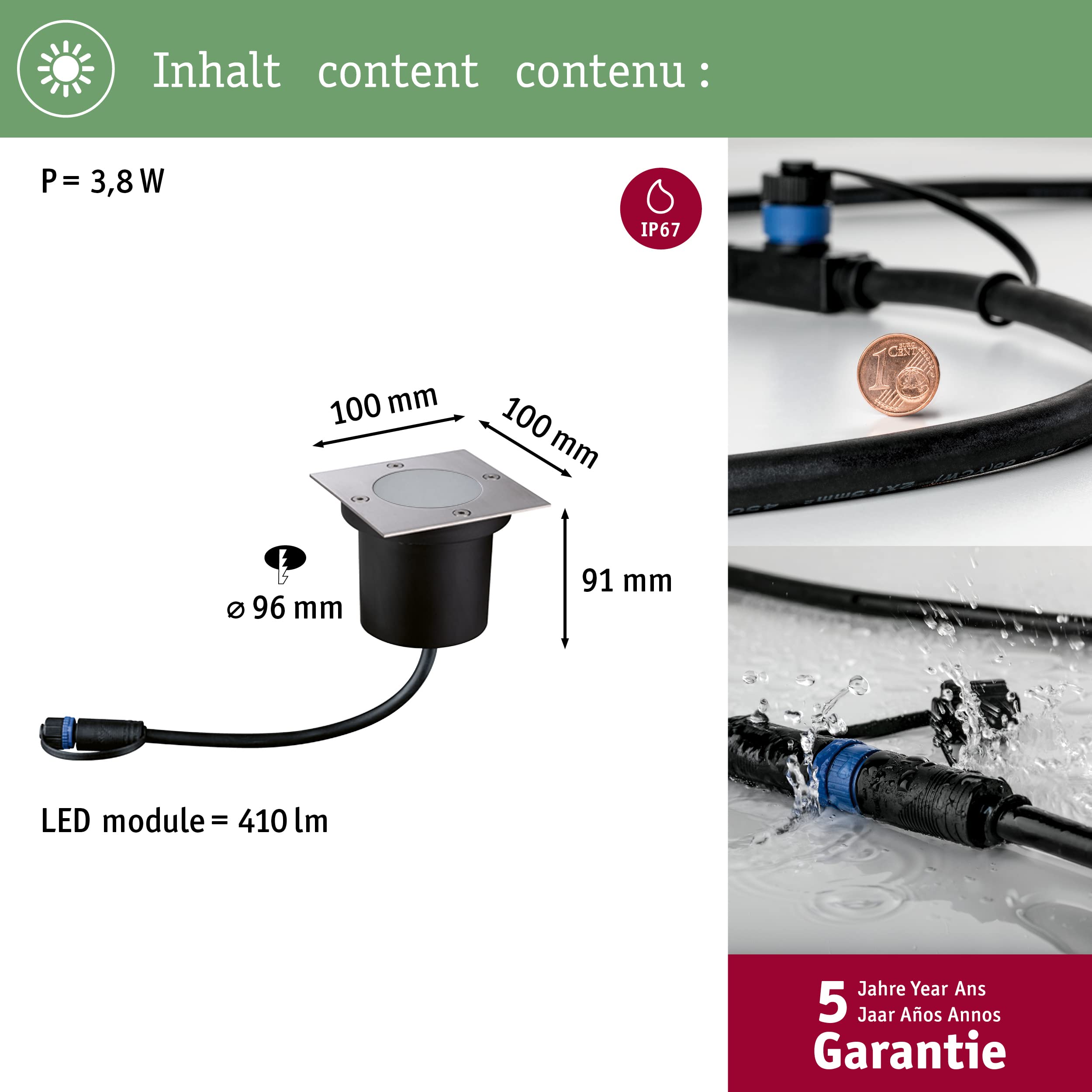 Paulmann 94227 Plug & Shine luminaire d'extérieur LED Encastré sol carré incl. 1x3,6 watts IP65 gradable extérieur Acier inoxydable luminaire de jardin Métal, plastique éclairage de jardin 3000 K