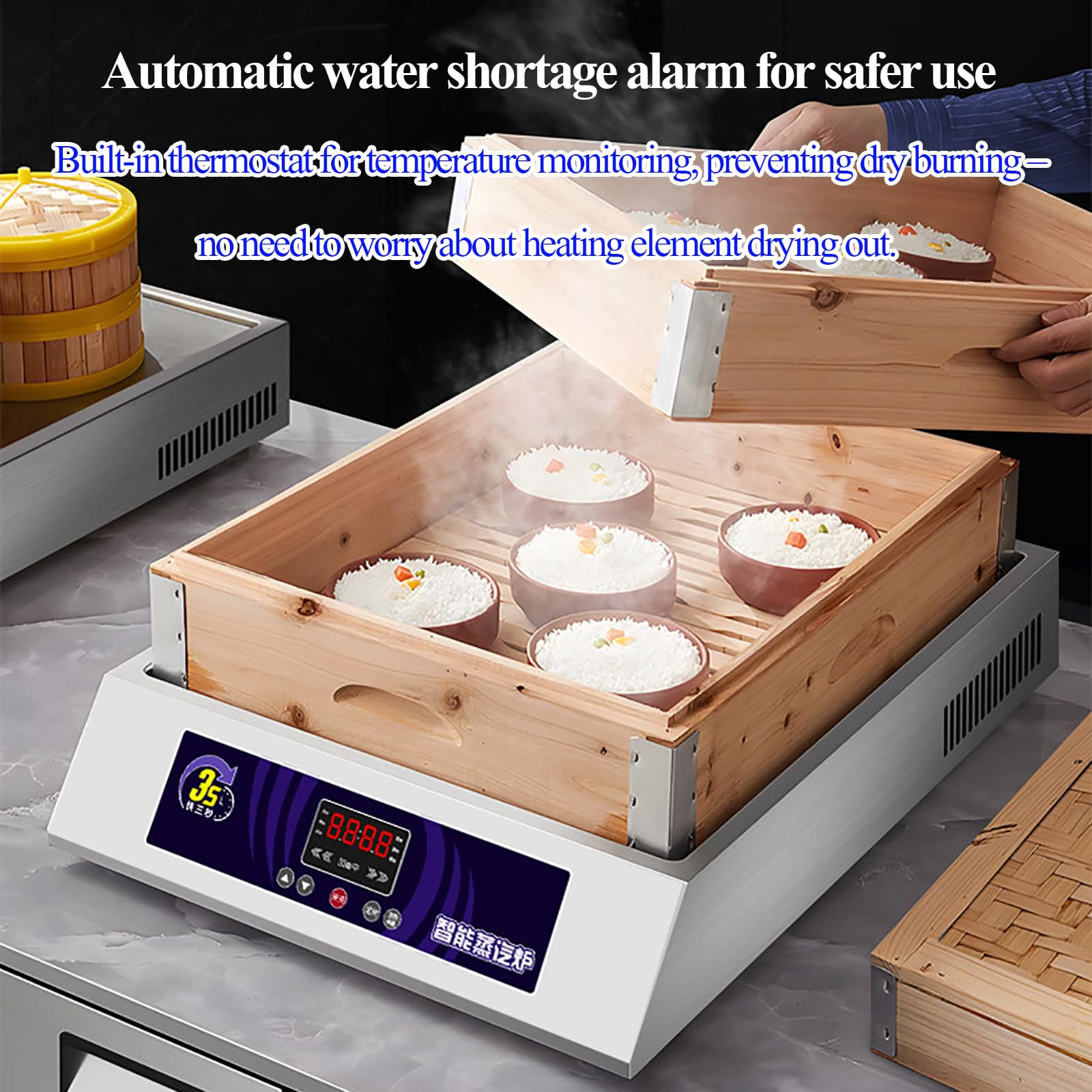 Vaporizador eléctrico, aparato de cocción de alta potencia de 5 capas con apagado automático, alarma de escasez de agua y temporizador de temperatura constante para vapor y conservación del calor
