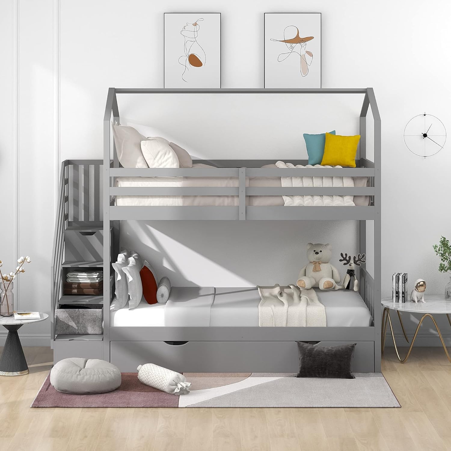 BIADNBZ Twin House Bunk Bed with Trundle,Solid Wood Bedframe/Staircase/Storage Space/Guardrail for Kids Teens, Gray Grey Twin