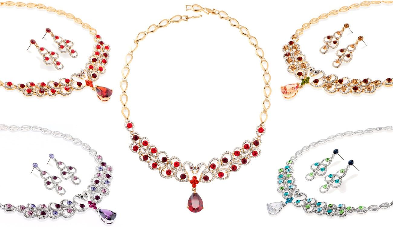 Womens Jewellery Set, Swan Love Heart, Topaz, Red & Turquoise Swiss Crystal Elements. 14K Gold or Silver Rhodium Plated, Gift Idea for Christmas & Anniversary, Wedding. Janeo Jewels