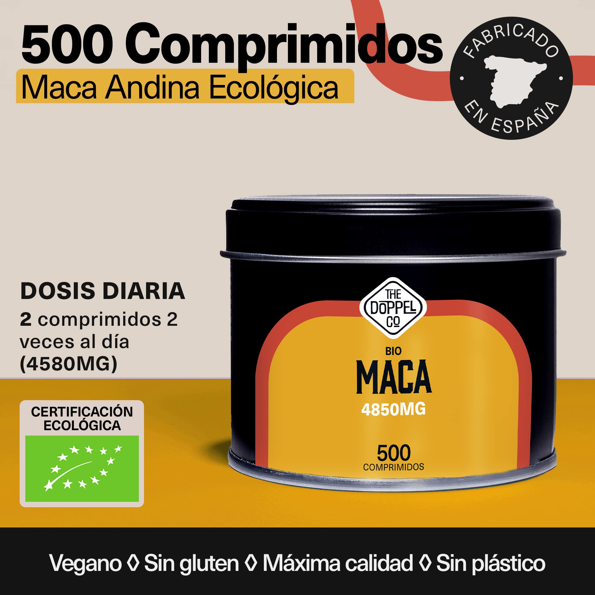 Maca Andina Ecológica 4850mg - 500 comprimidos - Extracto 5:1-4 meses - Maca Peruana Pura - Energía y Vitalidad - Libre de plástico - Certificación Ecológica Oficial
