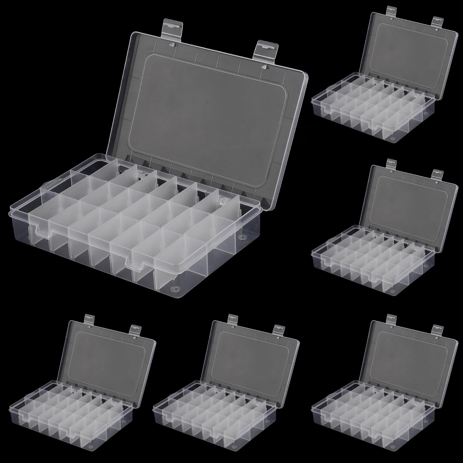 ZEONHEIPack of 6 24 Compartments Storage Box, Clear Small Plastic Adjustable Sorting Boxes with Dividers, Small Parts Box, Sorting Box for Small Parts, Jewellery, Beads, Earrings (Removable Style)