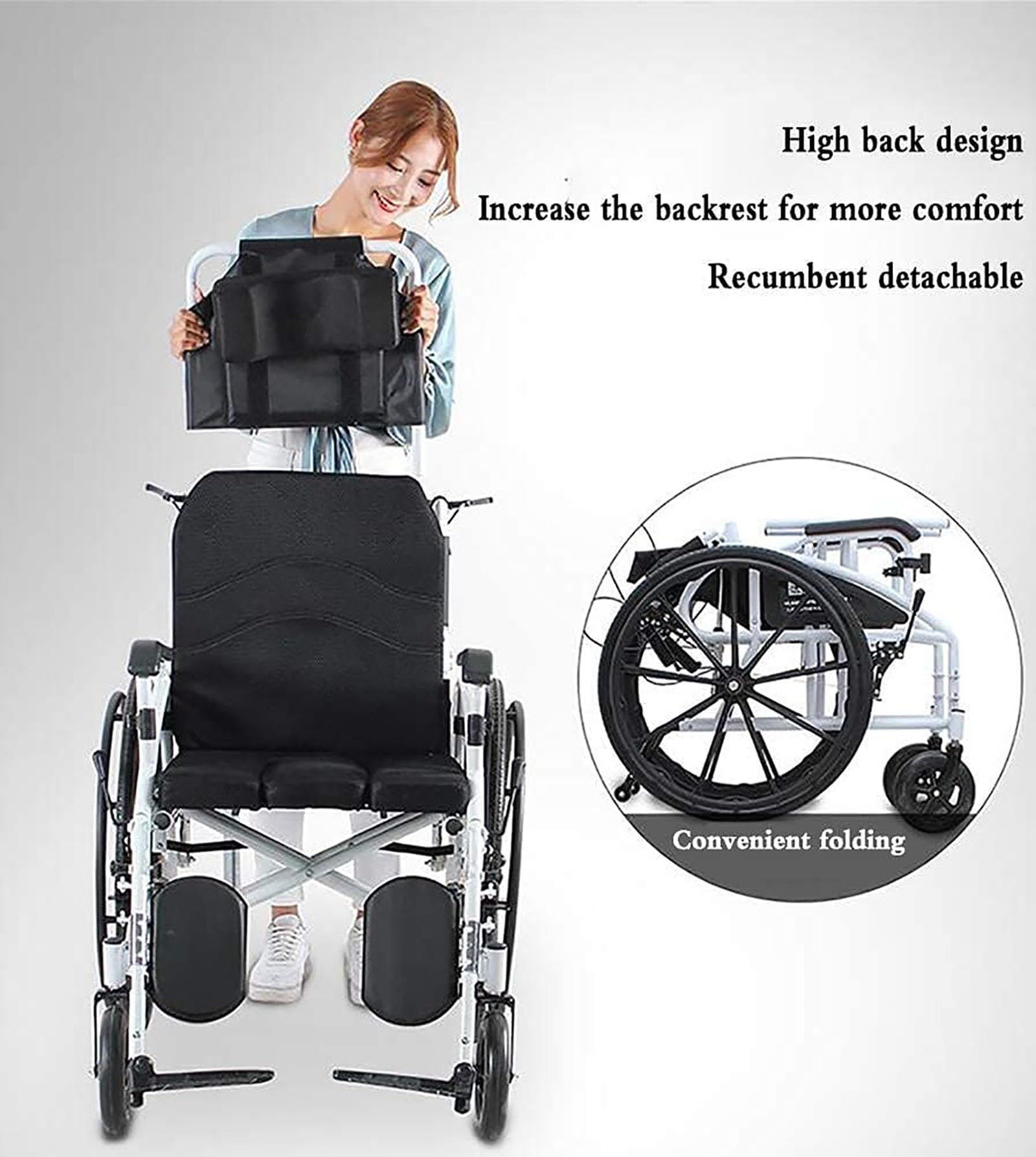 Silla de ruedas plegable, Silla de Ruedas de Transporte Ligera con Reposacabezas, con Respaldo Reclinable Silla de Ruedas de Viaje Portátil, Scooter de Movilidad para Adultos, para Movilidad de Discap