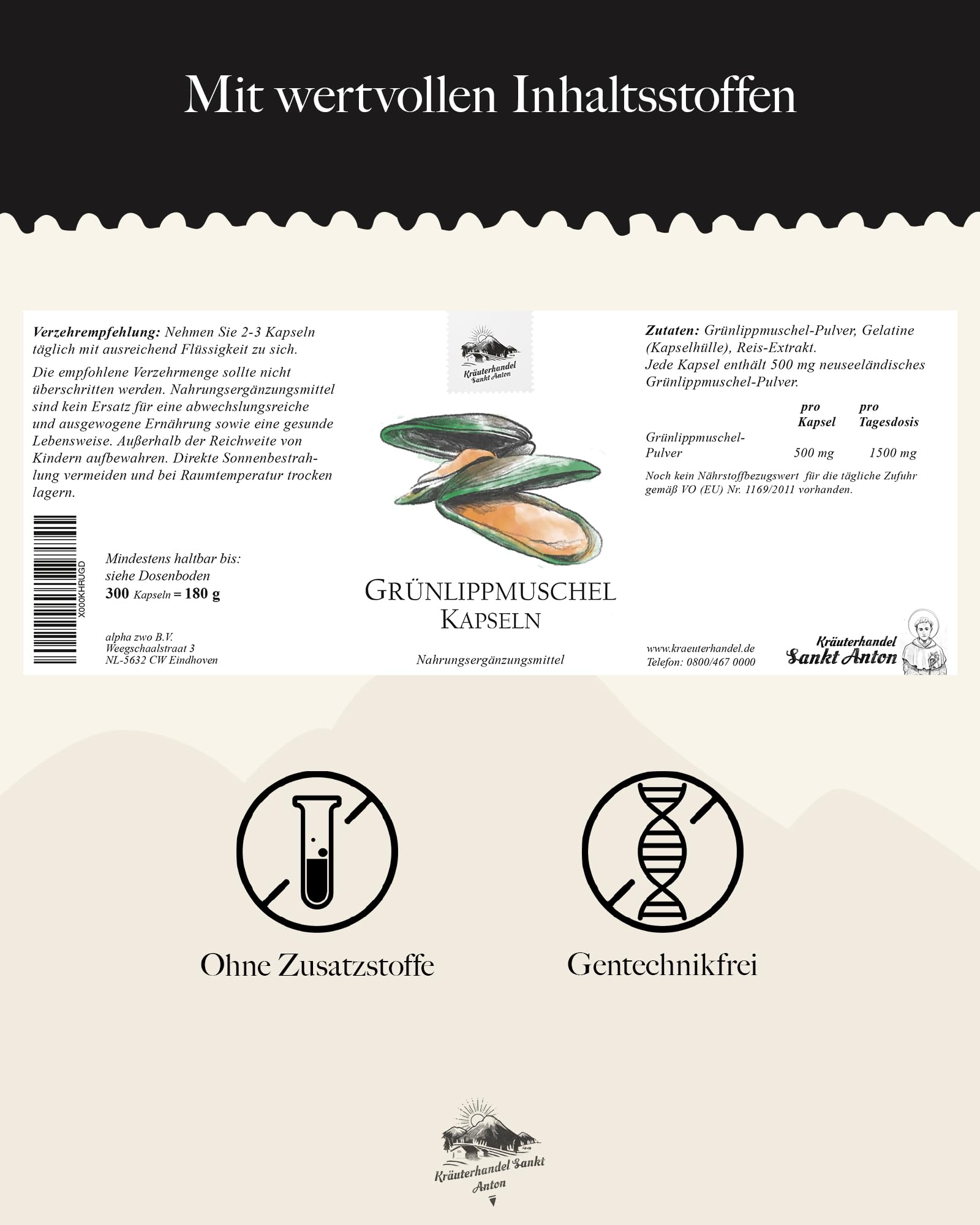 KRÄUTERHANDEL SANKT ANTON - Grünlippmuschel Kapseln, 150 Kapseln für 1-3 Monate, Nahrungsergänzungsmittel mit Grünlippmuschel-Konzentrat, 500 mg pro Kapsel, Premium Qualität