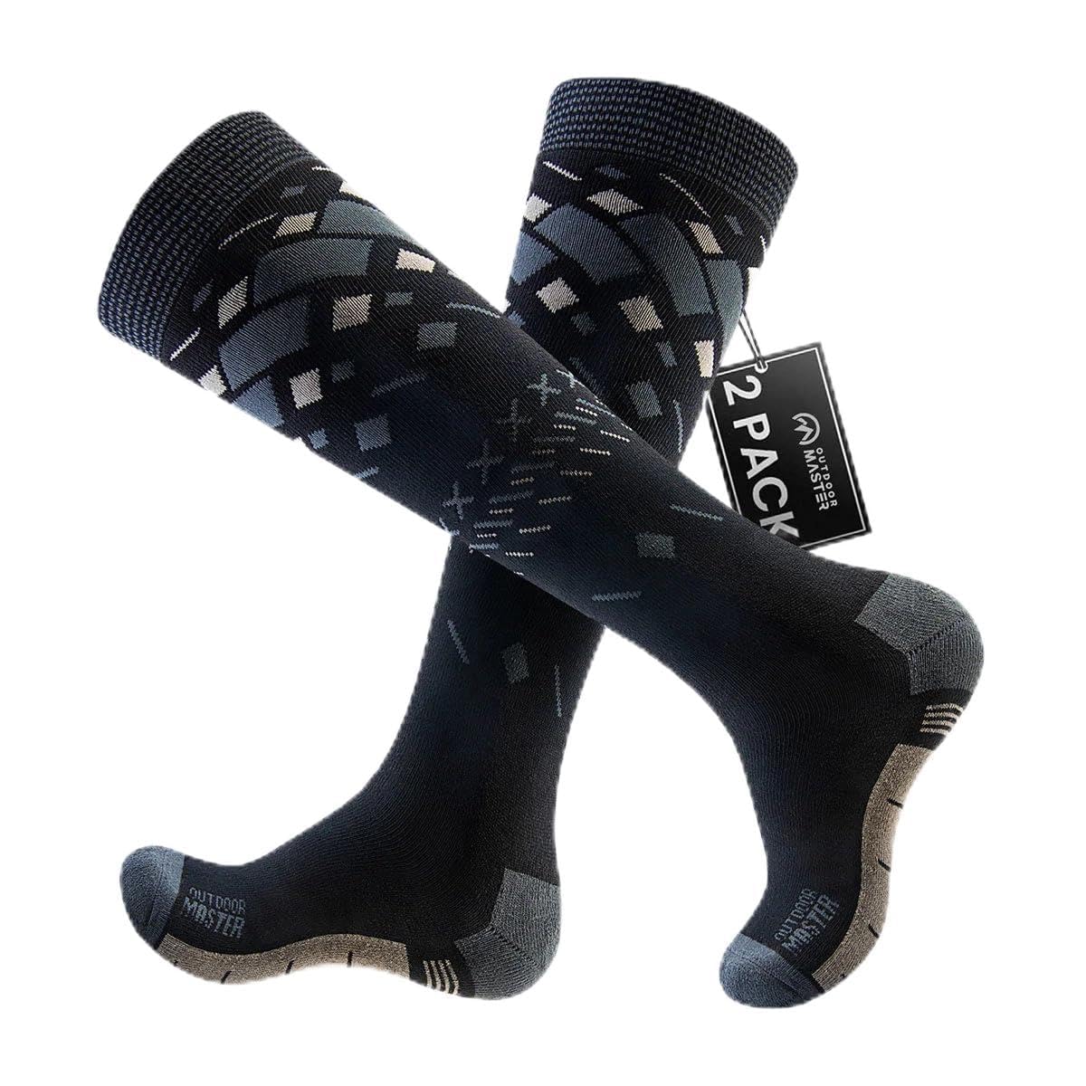 OutdoorMaster Chaussettes de ski thermiques en coton de qualité supérieure – Chaussettes de randonnée pour homme/femme – Lot de 2 paires – respirantes, antidérapantes et résistantes, pour ski