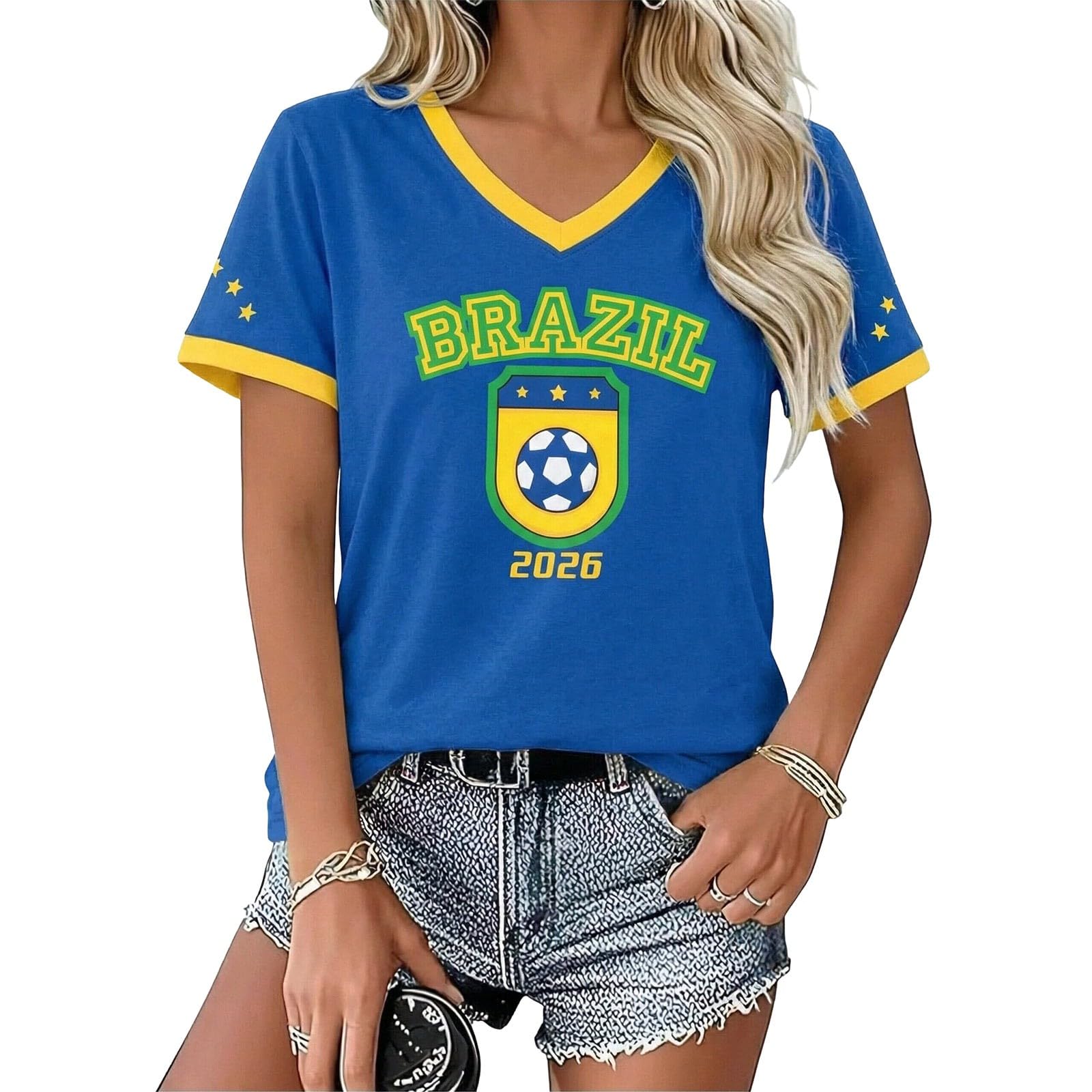 Camiseta de fútbol de Brasil para mujer, corte ajustado, cómoda camiseta de manga corta, cuello en V, camiseta deportiva ligera y ventilada, disfraz de animadora, artículo para fans, camiseta de calle