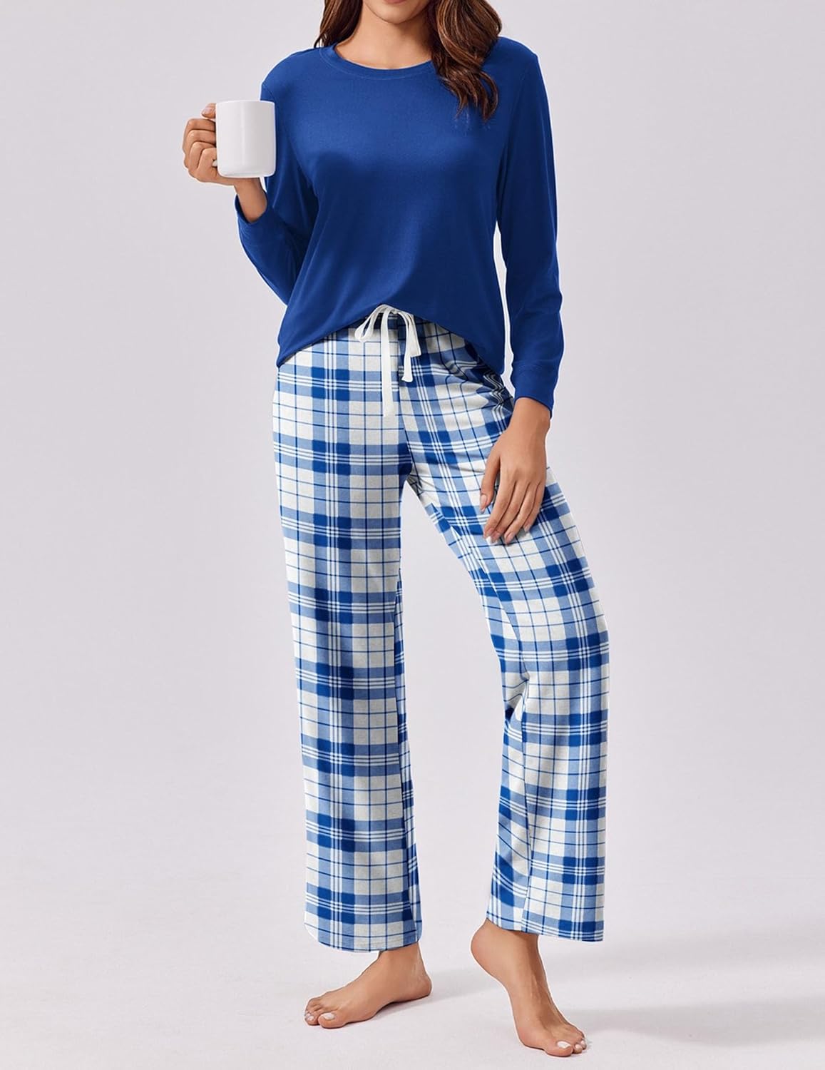 Ekouaer Womens 2 Piece Pajama Set Long Sleeve PJs with Plaid Pants Drawstring Elastic Waist Sleepwear Lounge Set - Image 2