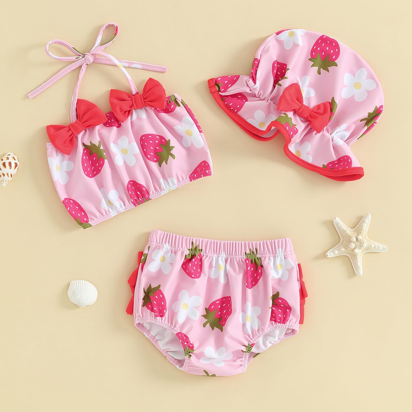 3 Pezzi Costume da Bagno Neonata Bikini Set Bambina Estate Stampa Fragola/Sirena Top Senza Manica+Fondo+Cappello Completo da Mare Spiaggia