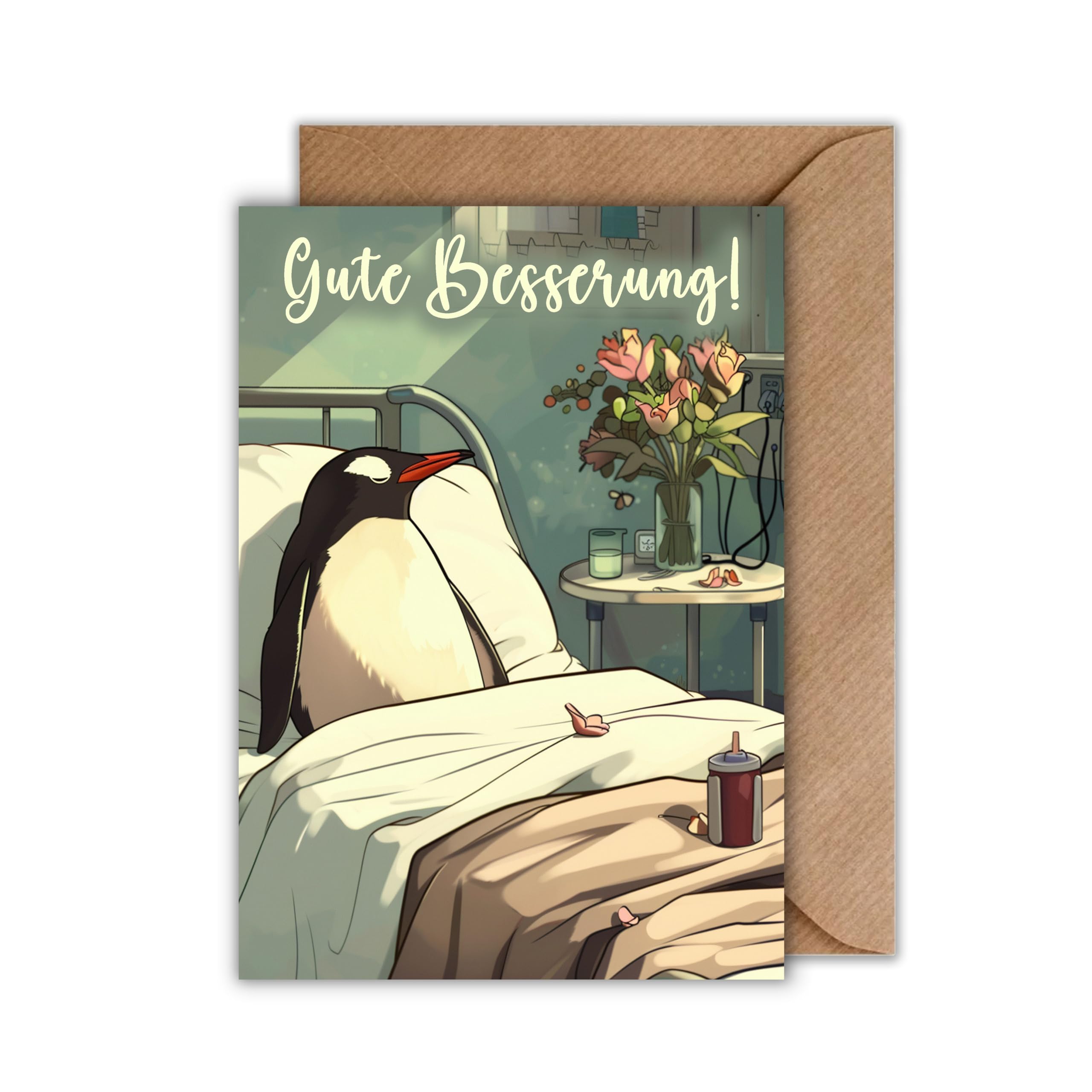 Biglietto Auguri WBdesignz Gute Besserung Con Pinguino A Letto - Cartolina Guarigione DIN A6 Con Busta Kraft, Carta Premium 300g/m² - 3
