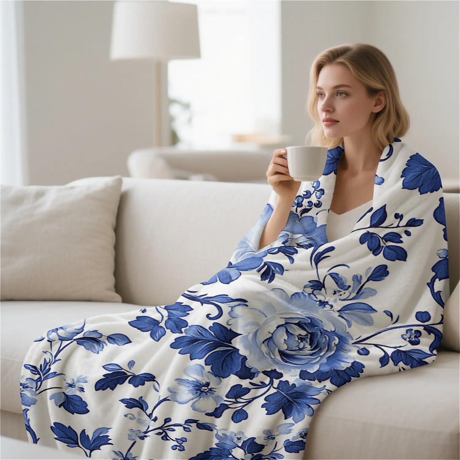 Blue and White Roses Floral Pattern Chinoiserie Throw Blankets Fleece Blanket Super Soft Plush Large Throw Blanket Cozy Fuzzy Bed Blankets Microfiber Flannel Blankets for Couch, Bed, Sofa-50X60in - Image 9