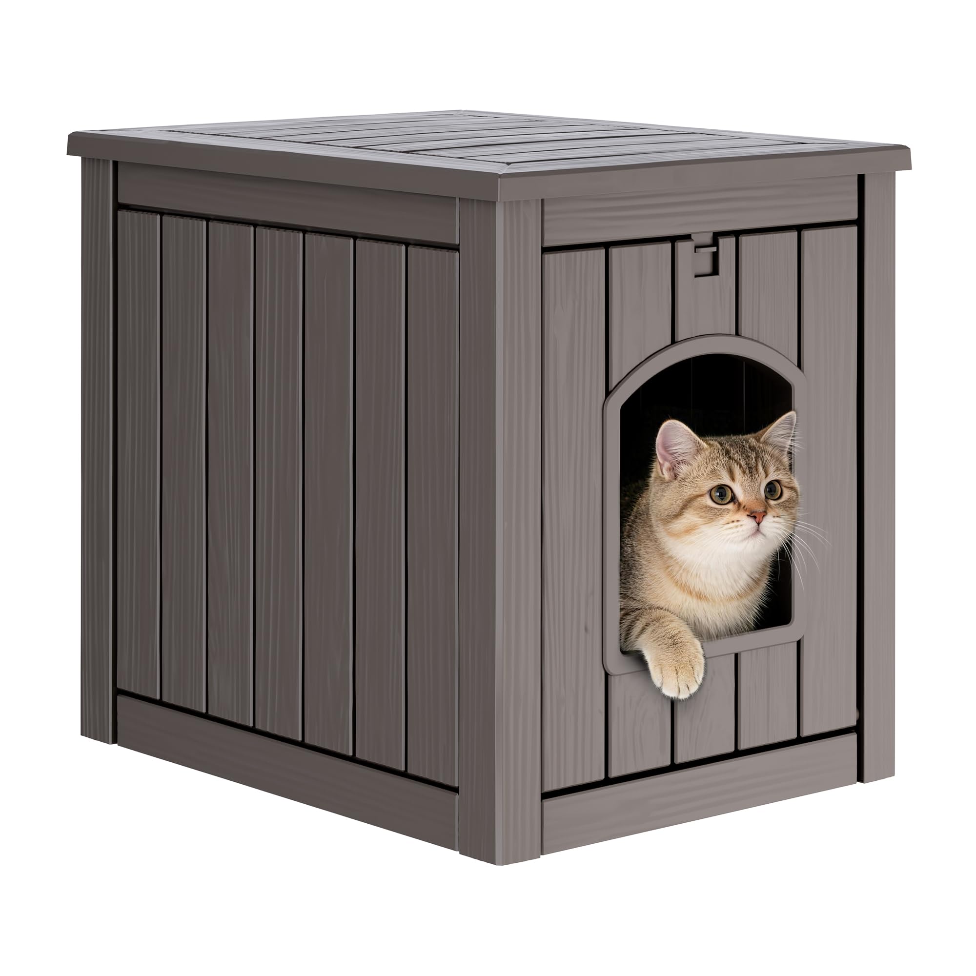 Cat Litter Box Enclosure, Enclosed Cat Litter Box Raised Floor, Openable Front Door Outdoor Cat House Weatherproof, Easy to Clean, Grey