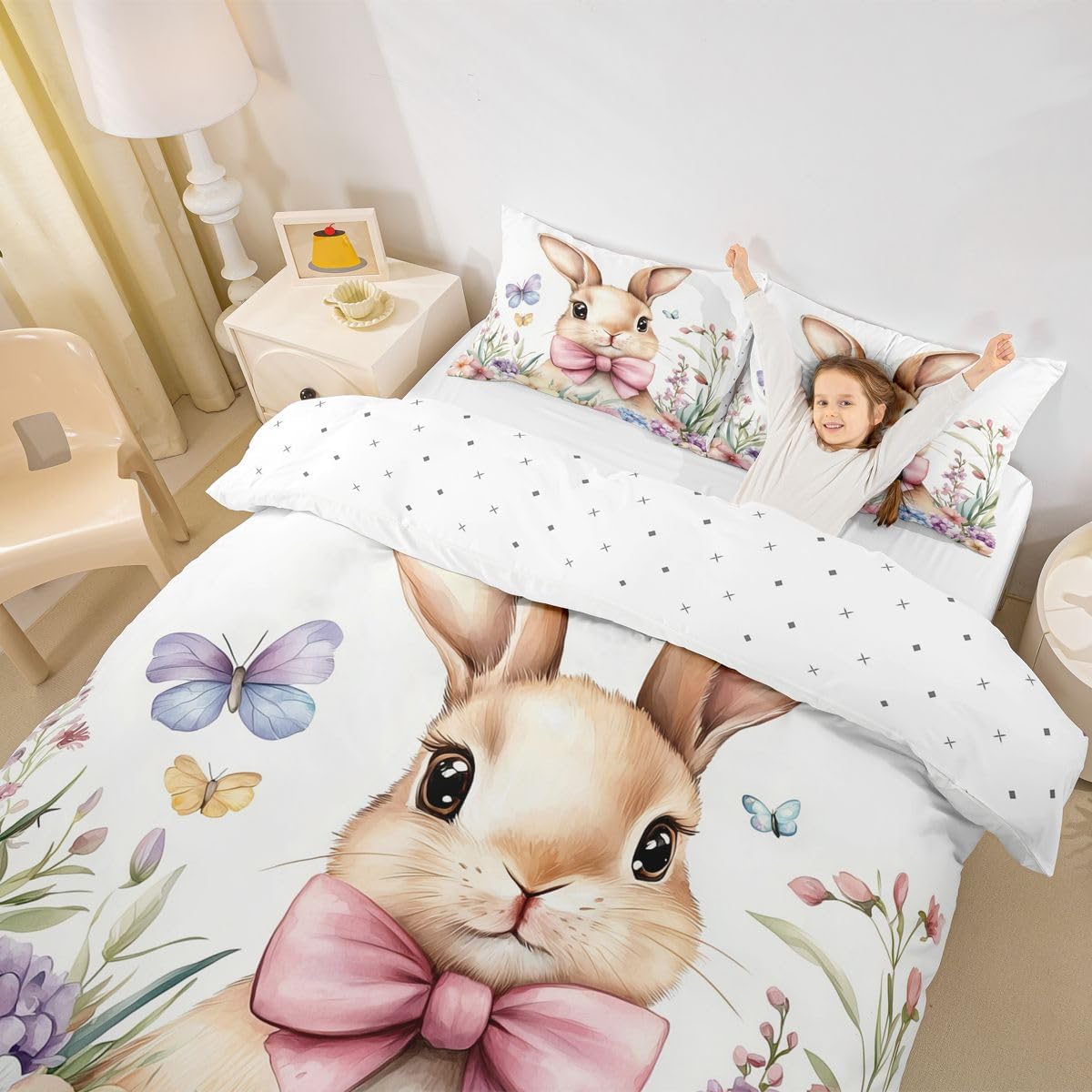 jejeloiu Queen Size Cute Bunnies Duvet Cover Boys Girls Easter Theme Bedding Set for Kids Women Men Floral Flower Comforter Cover Set Room Decorations Bedclothes(No Comforter)
