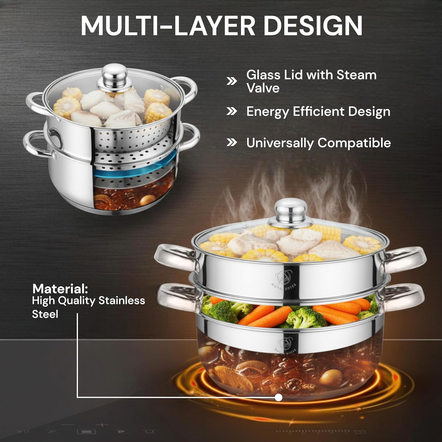 Royal Swiss Edelstahl Dampfgarer Ø28 cm, 8L, Dampftopf Induktion mit 2 Dämpfeinsätzen, Glasdeckel mit Dampfauslass, Gemüsedämpfer für Gas Elektro Ceran Halogen, Spülmaschinengeeignet