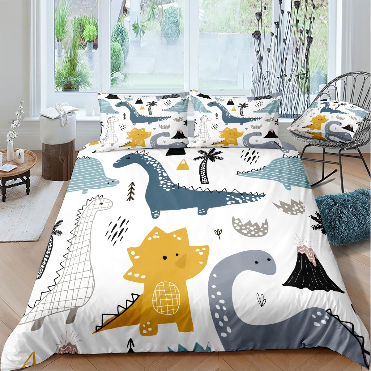 Fundas Nordicas Cama 105 Infantil NiñO Dinosaurio Blanco Juego de Ropa de Cama 200x200 cm Microfibra para NiñOs Adultos - 1 Funda de Edredón y 2 Funda de Almohada 50x75 cm