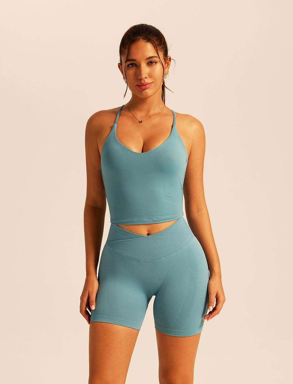 ABOCIW Workout Sets for Women 2 Piece V Neck Cross Back Tank Crossover Waist High Waist Biker Shorts Gym Sets - Image 2