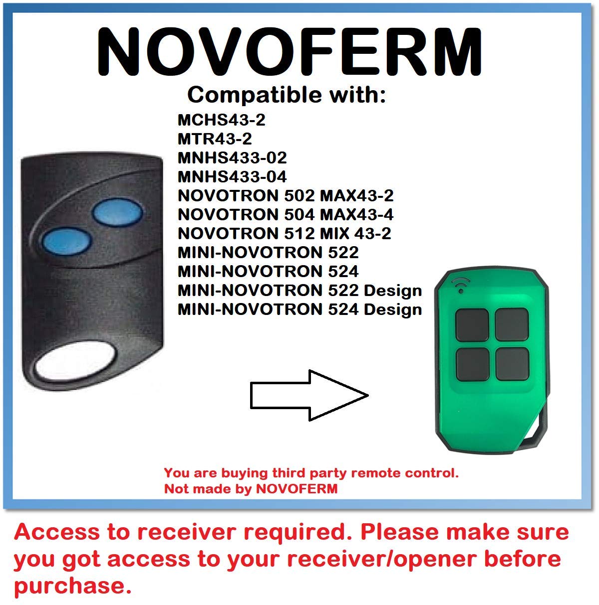 NOVOFERM MCHS43-2 Compatible Remote Control 433.92MHz.