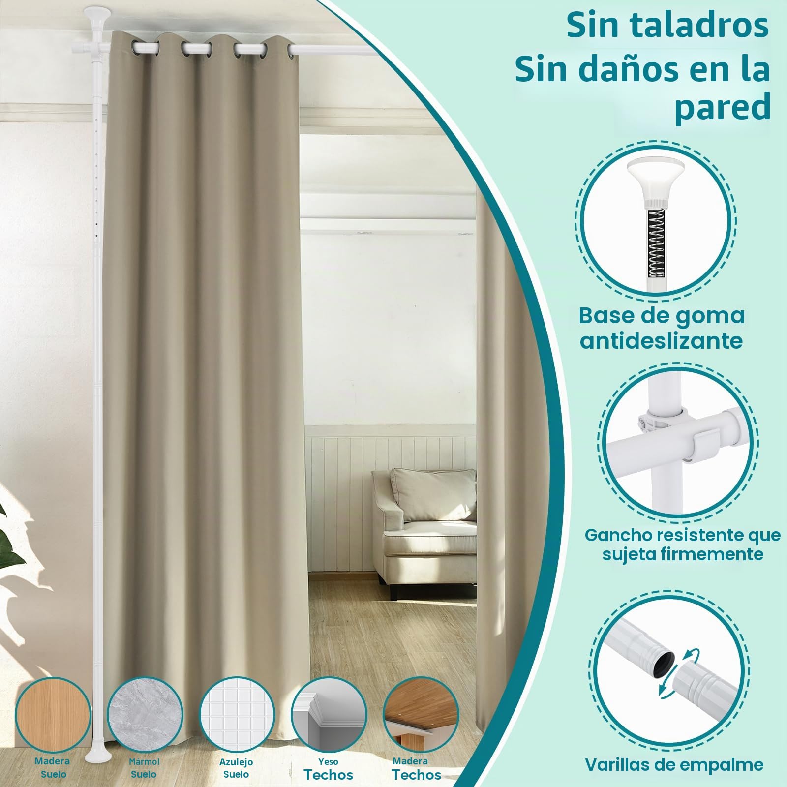 Divisor de ambientes, barra de cortina, flexible, ajustable, separador de habitaciones o barra de cortina, protección visual para salón, dormitorio u oficina de metal, 178 cm de ancho x 317 cm de alto