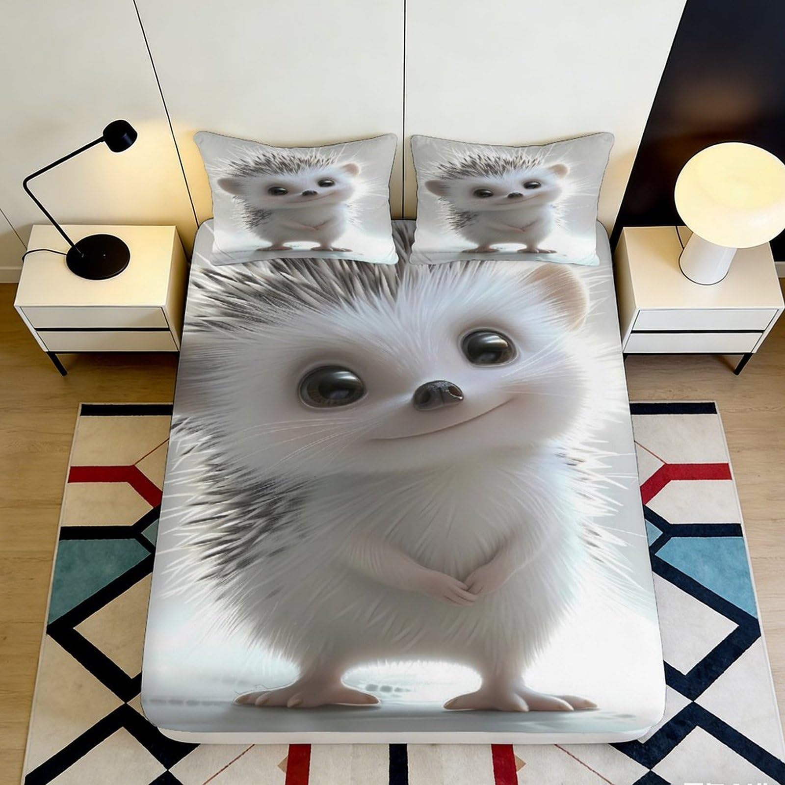 3D Printed Cute Hedgehog Fitted Sheet Microfiber Anti-Slip Bed Cover Animal Cartoon Mattress Decor for Bedroom Guestroom 90x200x25cm