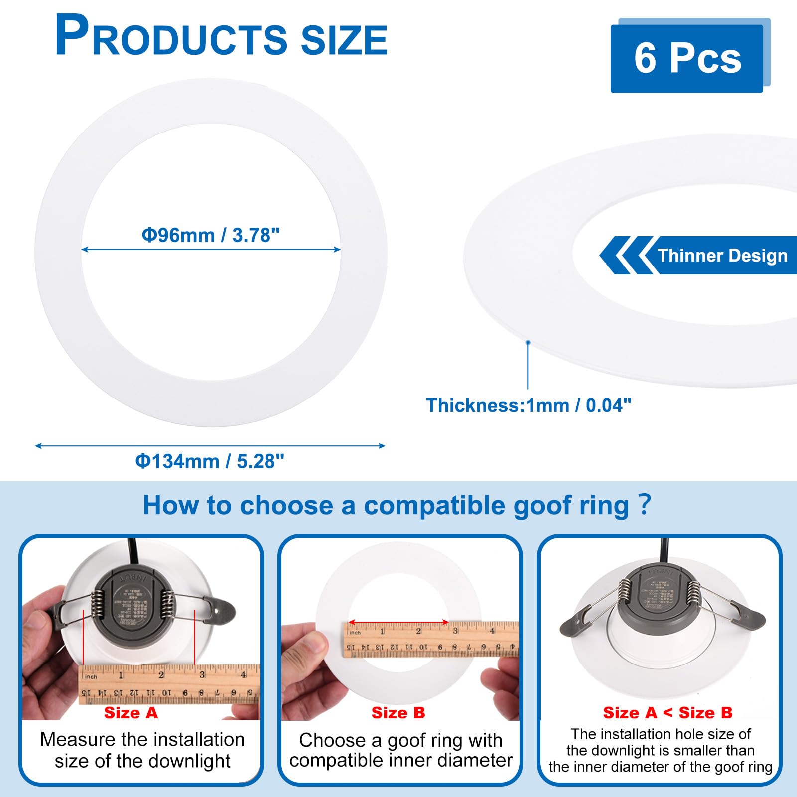 PATIKIL Anillos de Ajuste de Diámetro Interior de 3.78", Diámetro Exterior de 5.28", 6 Piezas de Anillos de Ajuste de Metal para Cubrir Luces, Acabado Blanco Mate