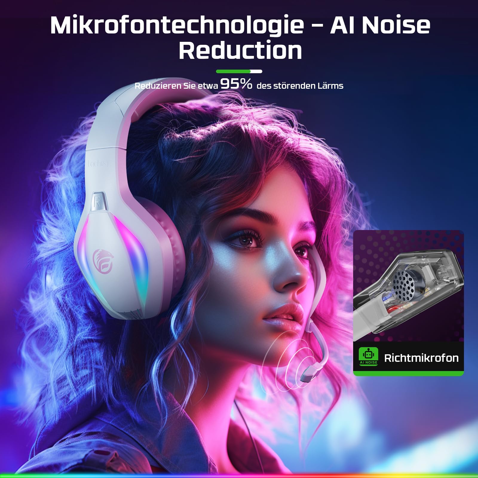 Fachixy FC100 Gaming Headset für PS4, PS5, PC, Xbox, Nintendo Switch, Gaming Kopfhörer mit Kabel und RGB Licht, Stereo Surround Kopfhörer mit Mikrofon, Noise Cancelling Gamer Headphones - Weiss-ROSA