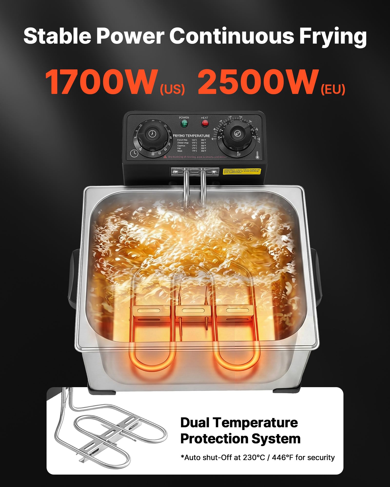 VEVOR Freidora Eléctrica Comercial Capacidad de Aceite de 5,2 L 2500 W, De Acero Inoxidable, Con 1 Cesta Grande y 2 Cestas Pequeñas, Protección contra Sobrecalentamiento, Control de Temperatura
