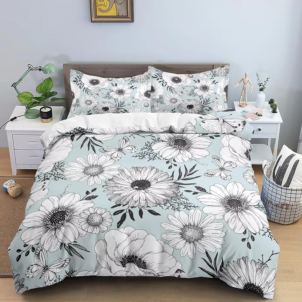 Housse de Couette Daisy à Fleurs Parure de Lit Papillons 3 Pièces 240x260cm