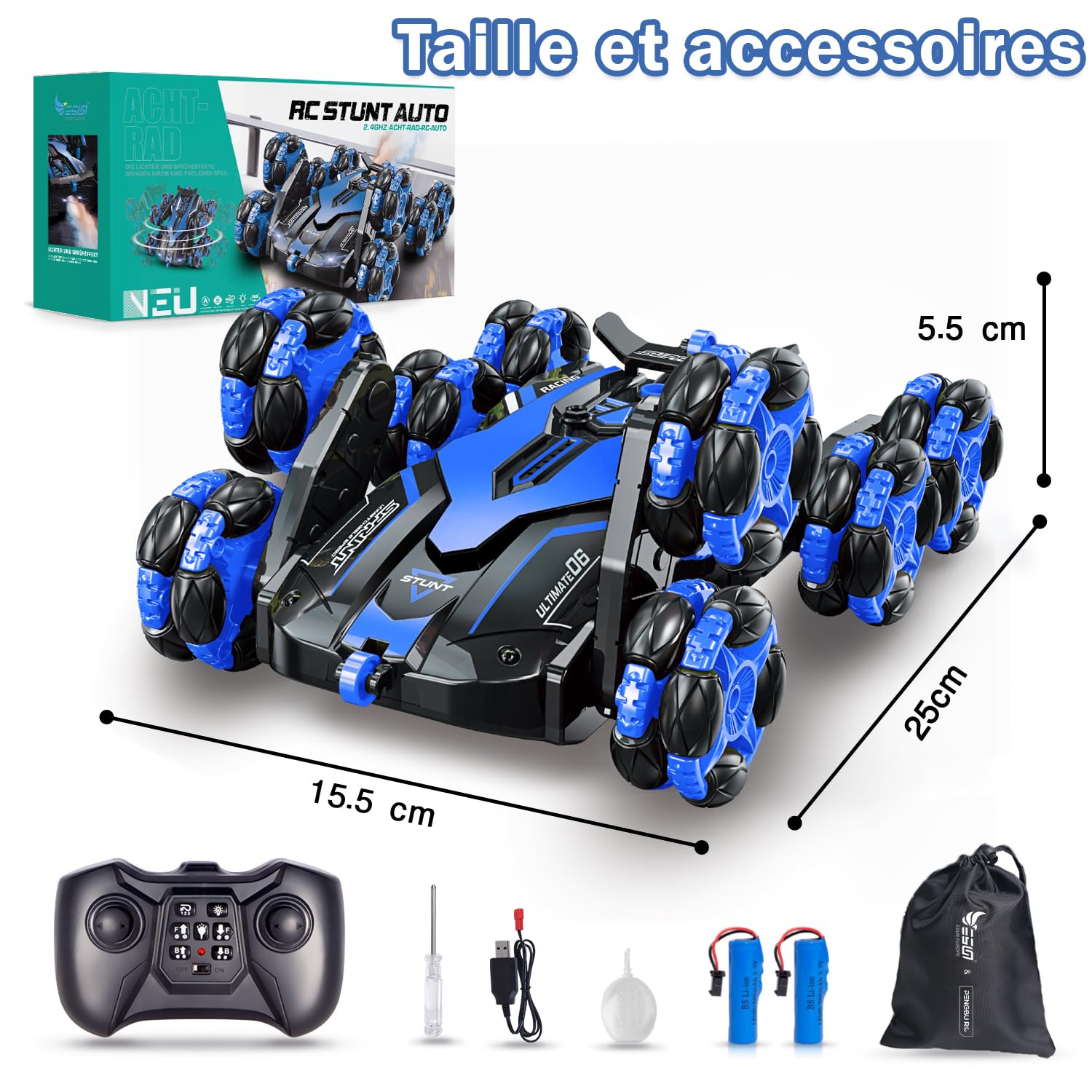 Voiture RC Tout Terrain 1:16 avec Spray et Lumières LED, 2.4GHz, Stunt Drift 360°, Jouet Garçon et Fille 4-10 Ans