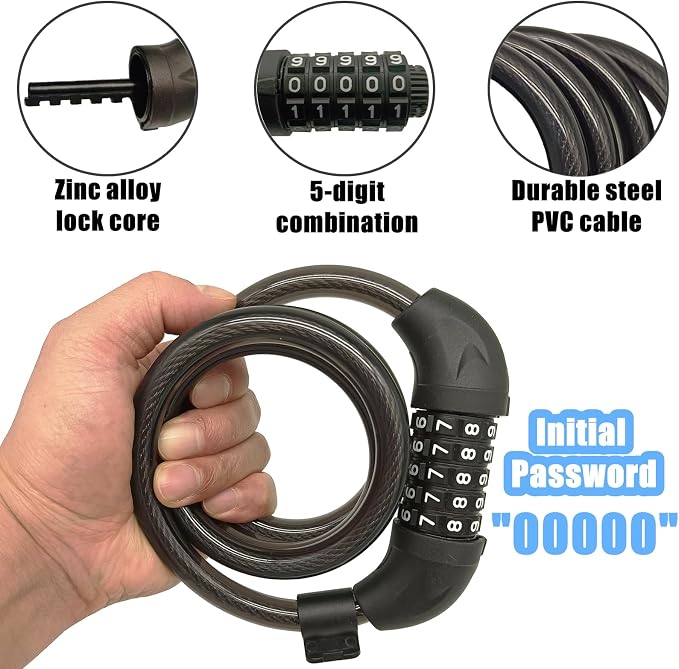 Candado de cable para bicicleta 4 pies con combinación 5 dígitos miniatura 4