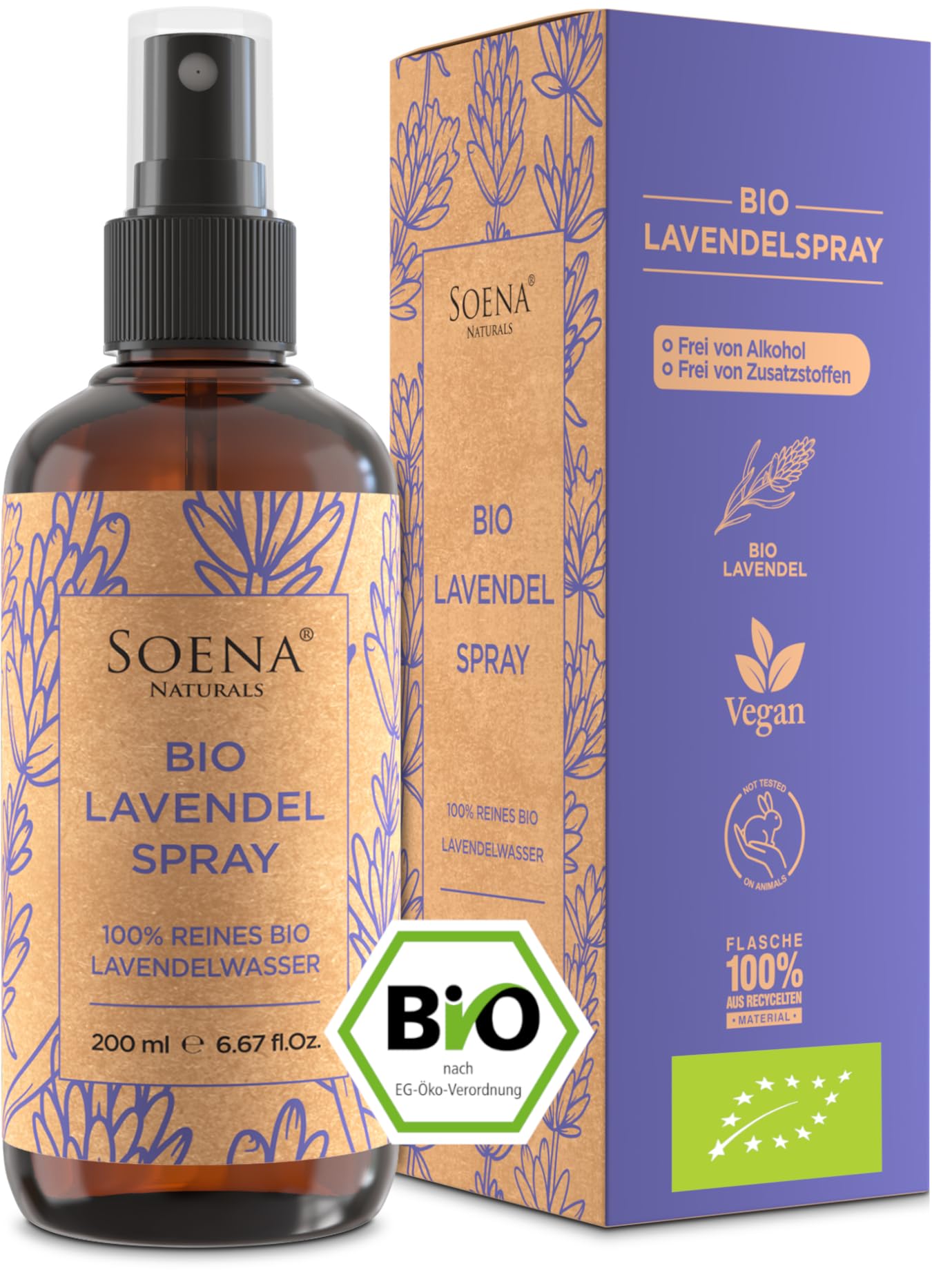 LAVENDELSPRAY für Kopfkissen BIO - 200ml [BIO-ZERTIFIZIERT] 100% NATURREIN Aus Echtem Lavendel | 100% Natürlich - Ohne Zusatzstoffen & Frei von Alkohol - Bio Lavendelwasser