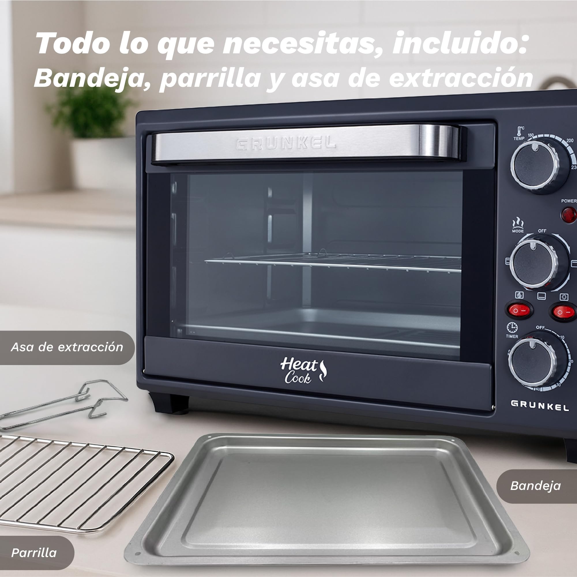 Grunkel Forno elettrico multifunzione da tavolo da 28 l con 3 funzioni di calore e selettore di temperatura fino a 230 °C. Timer fino a 60 min - 1600 W