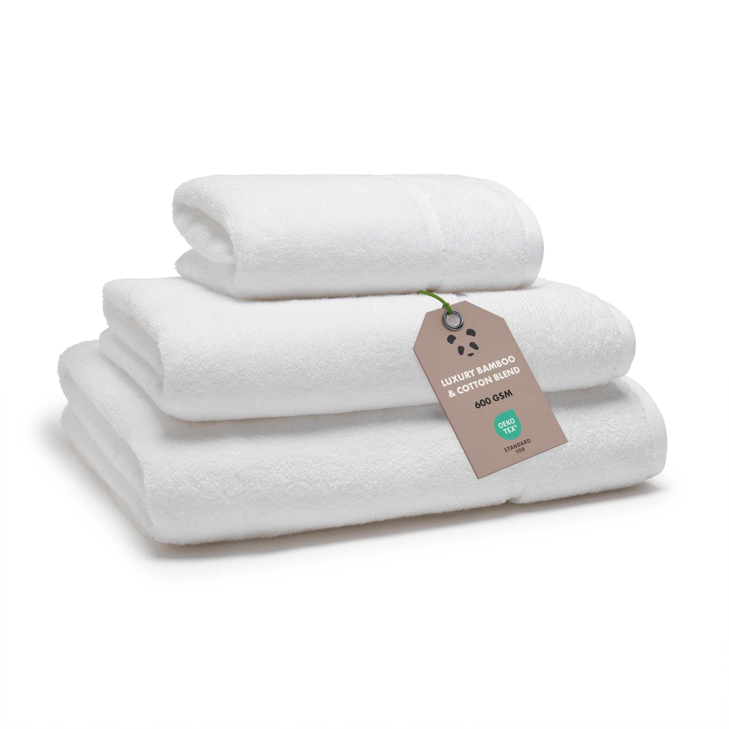 Panda® Paquete de 3 toallas de bambú, toalla de baño, toalla de mano, color blanco puro, bambú orgánico suave y esponjoso, súper absorbentes y de secado rápido, perfectas para manos sensibles