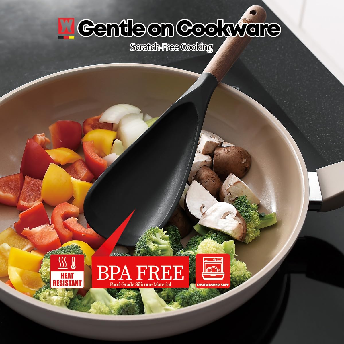 WAGENSTEIGER Juego de 2 utensilios de cocina de silicona: cucharón con mango de madera + cuchara de servir y cocinar de cabeza larga, utensilios de cocina resistentes al calor, sin BPA, diseño de