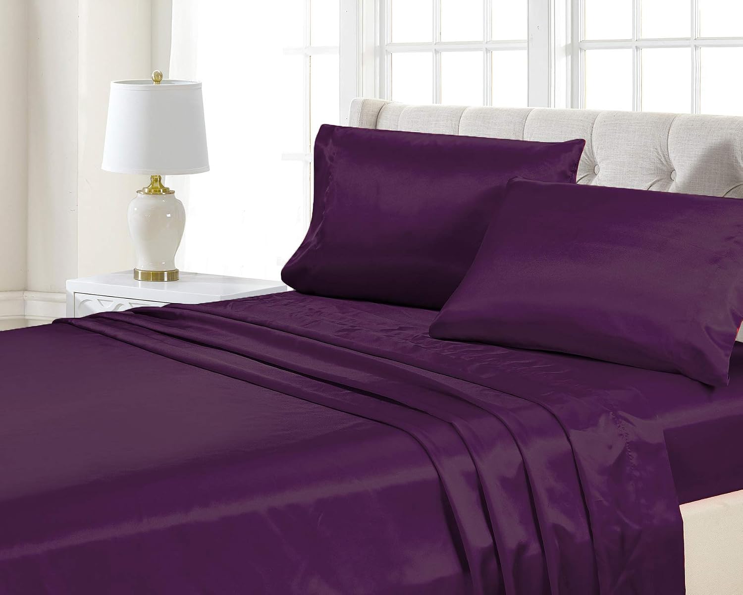 4pc California King Size Satin Sheet Set Solid Purple Super Soft Touch Bridal Cozy Adorable Deep Pocket New (Purple, California King)
