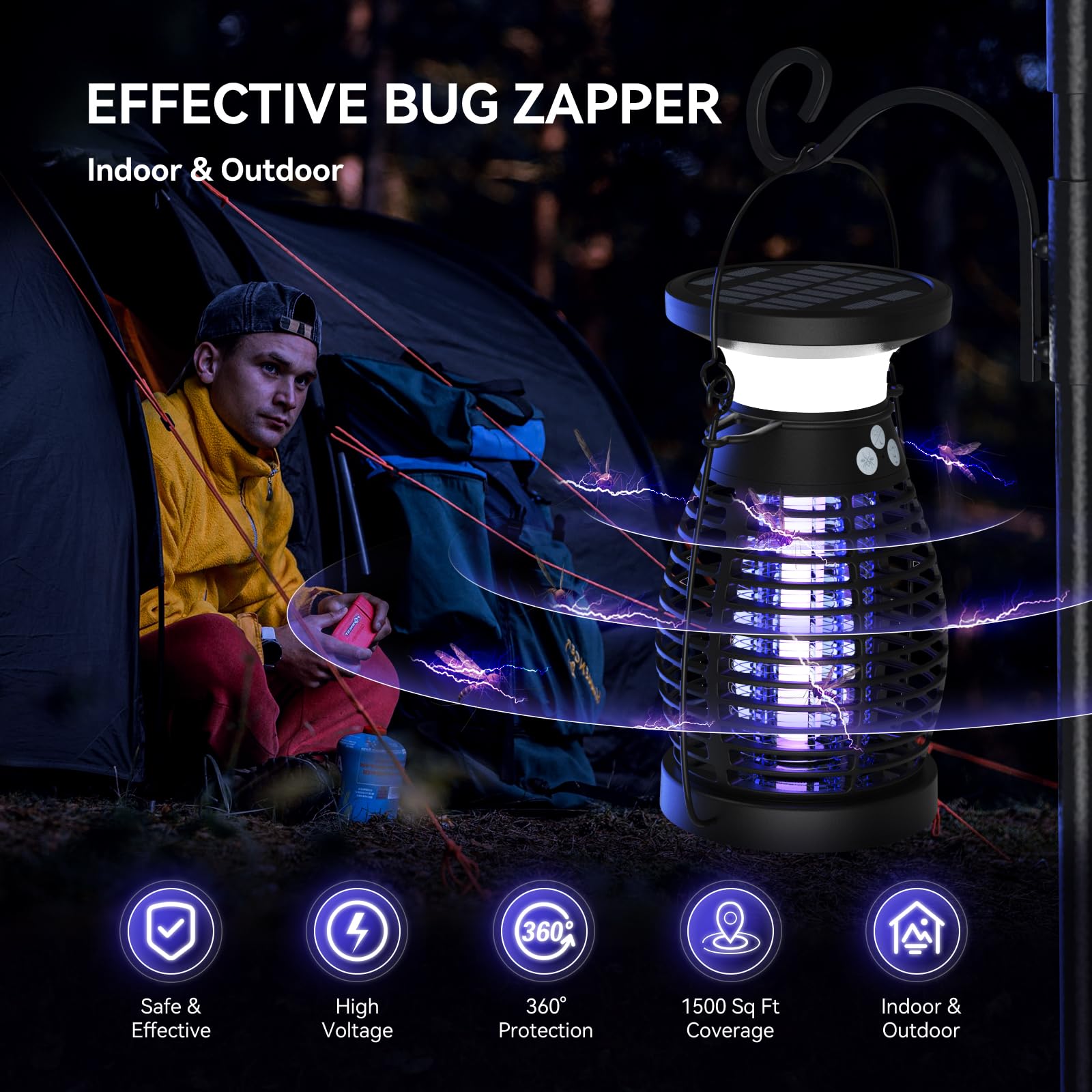 Insektenvernichter Elektrisch, 4200V Solar Mückenfalle Elektrischer Fliegenfalle Innen Outdoor Elektrische Fliegenfalle Anti Mücken Lampe Aussen Insektenfalle Moskitoschutz für Haus bubbacare