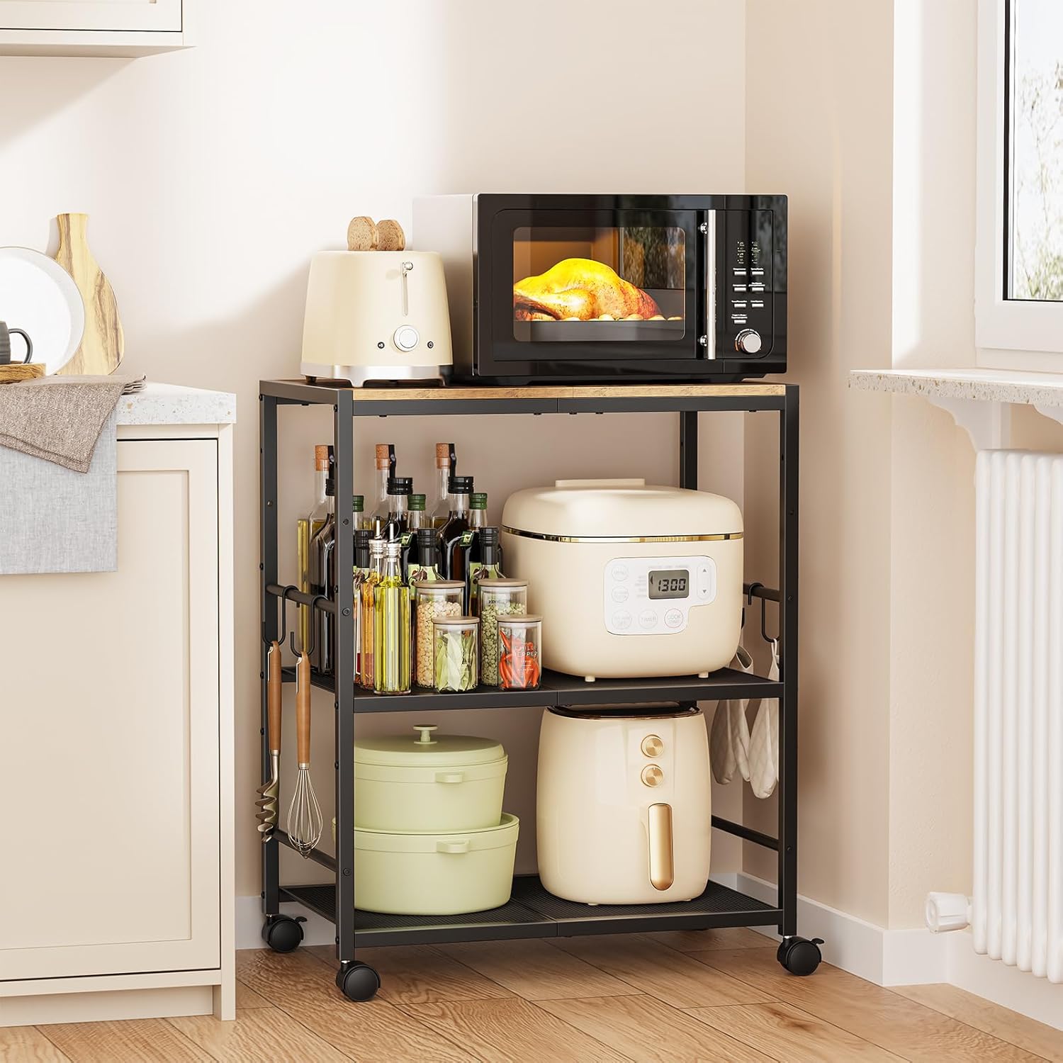 Rolling Kitchen Microwave Cart, 3-Tier Microwave Stand with Adjustable Shelf, Kitchen Storage Cart on Lockable Wheels, Coffee Bar Cart Shelf Rack Organizer for Kitchen, Living Room, Office, Balcony