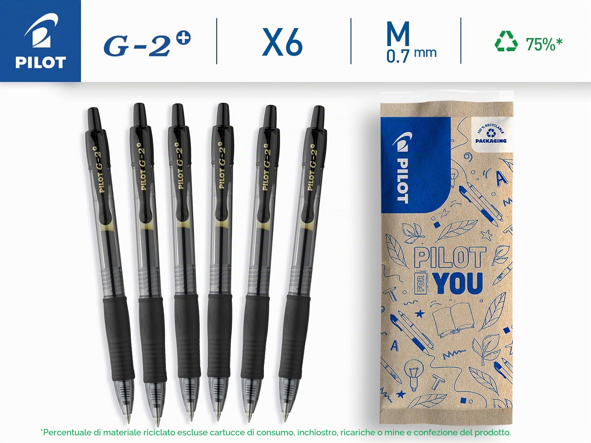 PILOT G2 Plus Set di 6 Penne Roller in Gel a Scatto Ricaricabili Nero Punta Media