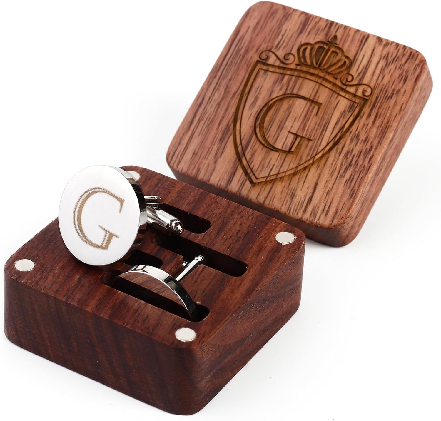 Mancornas de plata para hombre iniciales A-Z acero caja nogal