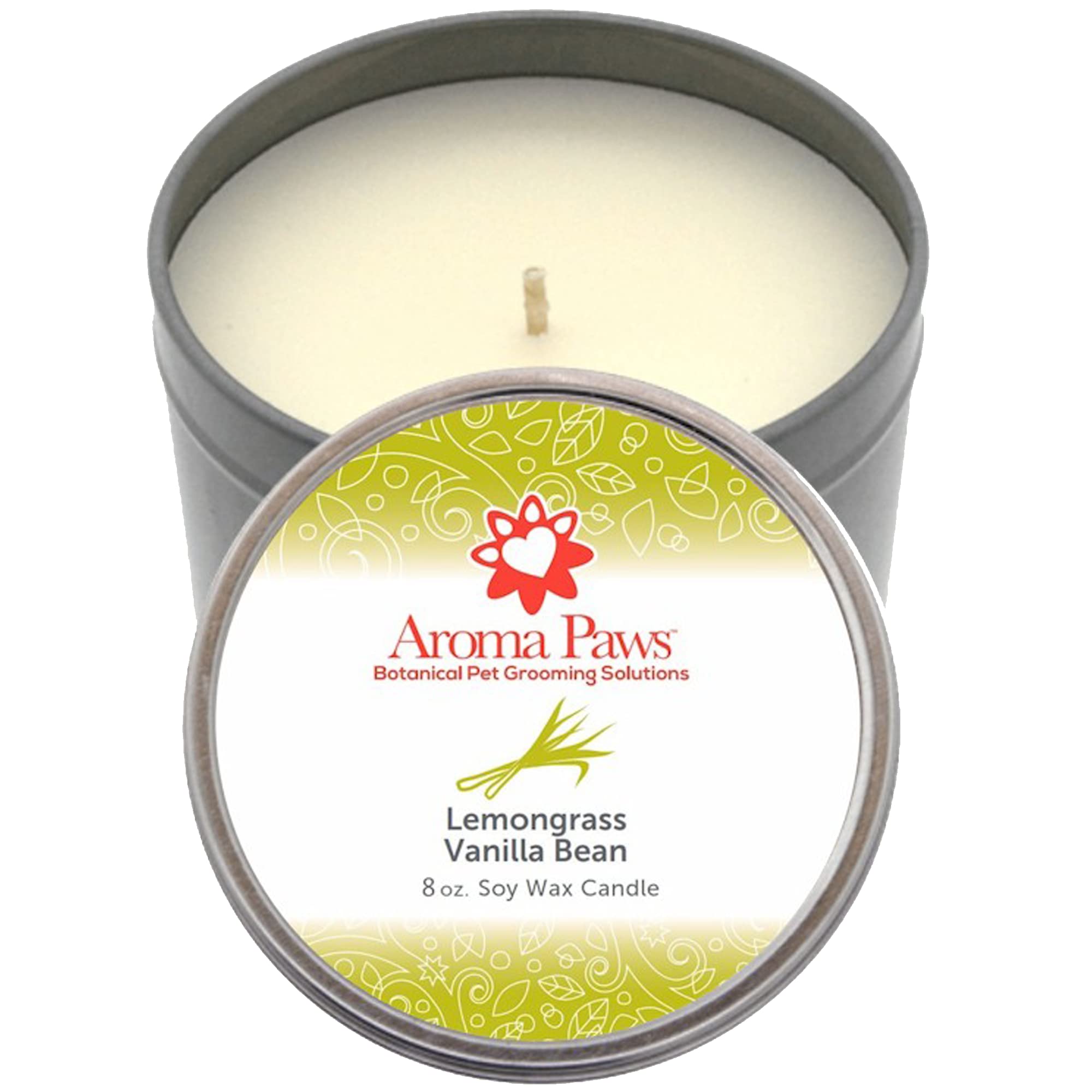 Aroma Paws Scented Candle in Tin - Handcrafted Aromatherapy Candle for Pets - Pet-Friendly Soy Candle - Burns up to 60 Hours - Lemongrass Vanilla Bean - 8 Ounce