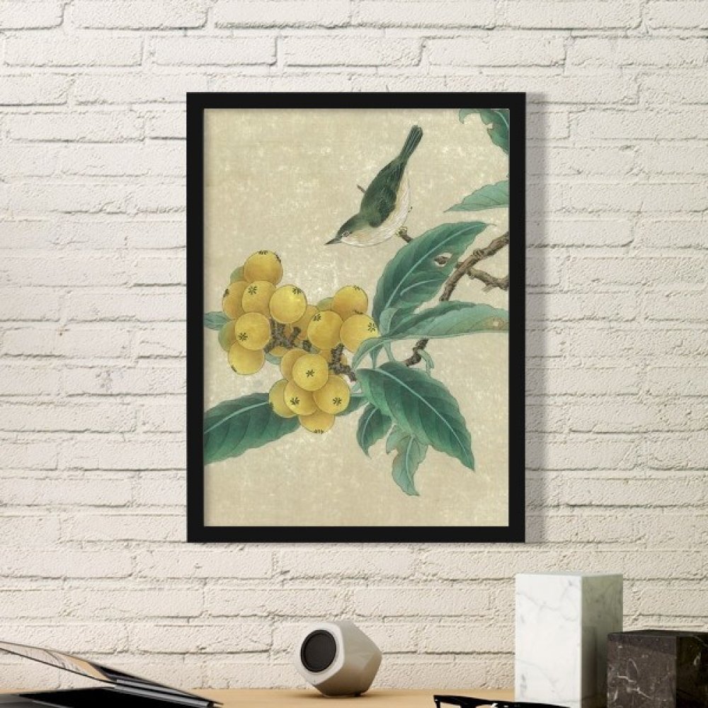 Peinture chinoise de néflier en cadre bois noir : idée cadeau idéale pour décoration maison