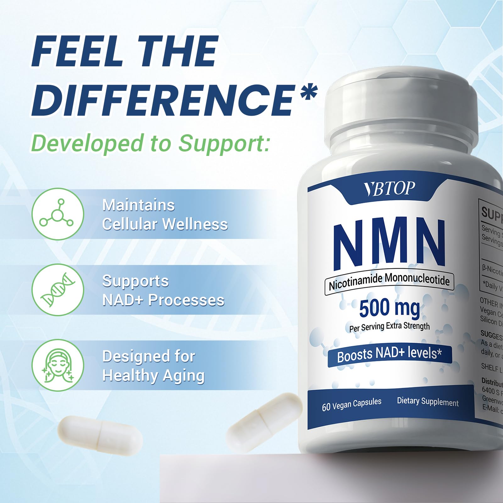 NMN (Nicotinamide Mononucleotide) 500mg Supplement, 120 Vegan Capsules — Amazon image 6