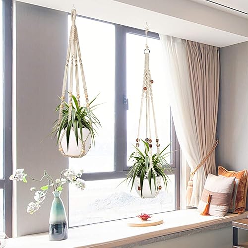 Vista 55 de Augshy 2 ganchos colgantes para plantas, para decoración de interiores y exteriores, macramé con 4 ganchos (35 pulgadas)