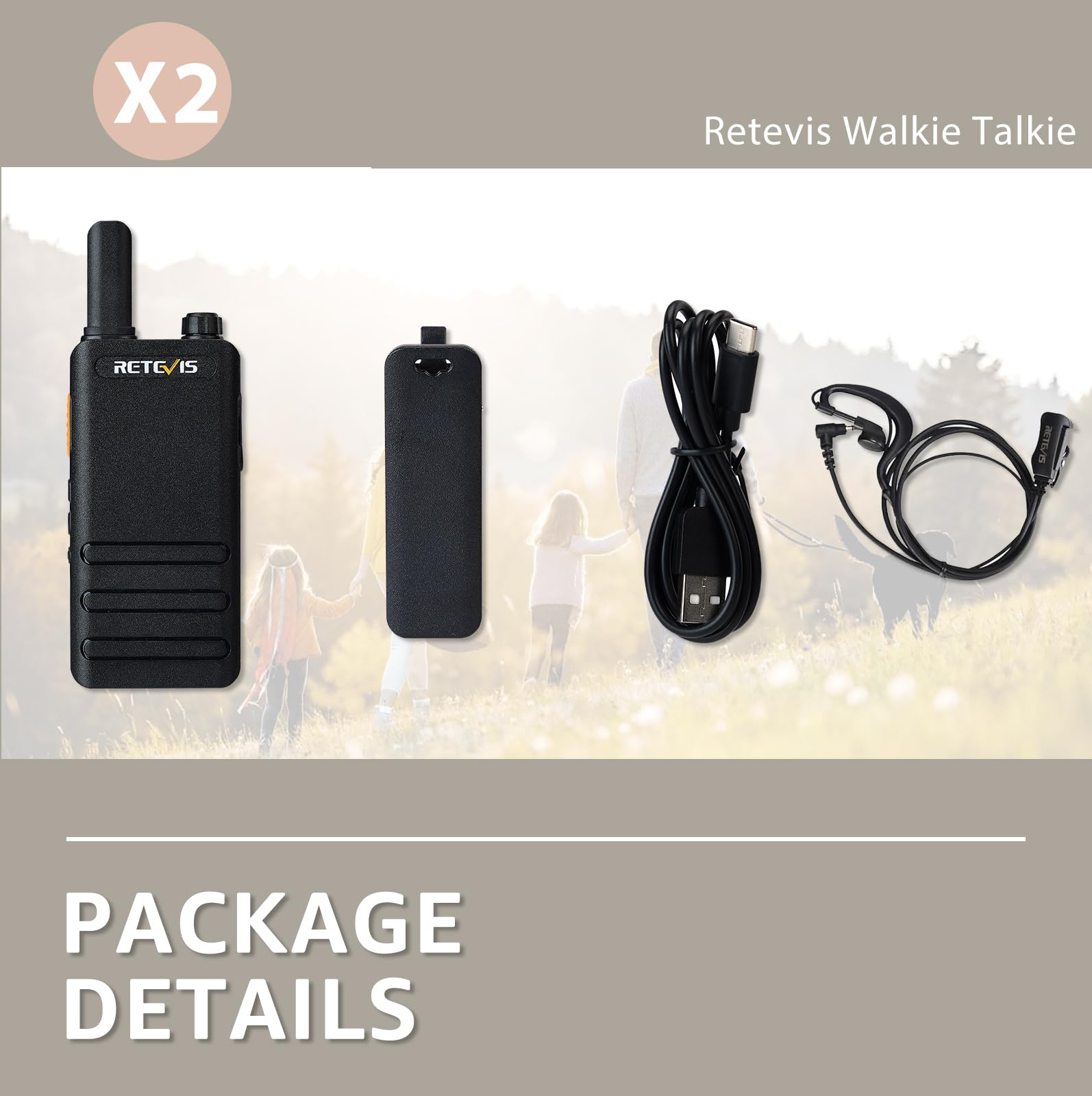 Retevis RT622P Walkie Talkie Leggero, PMR446 Radio Walkie Talkie Ricaricabile USB C, 1620mAh, VOX Radio Vivavoce Portatile a 2 Vie con Auricolare per la Famiglia, Vendita al Dettaglio (2 Pezzi, Nero)