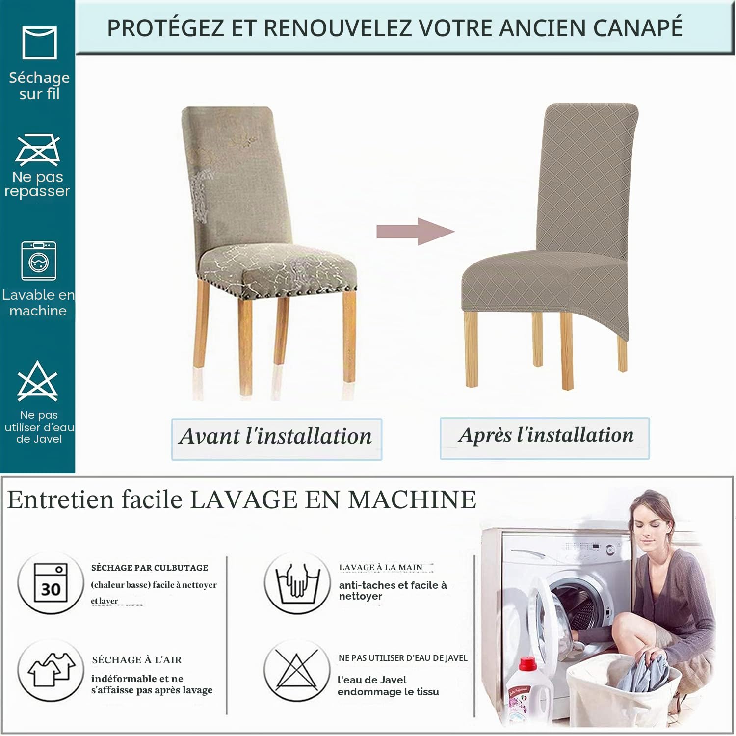 1/2/4/6 PCS Diamond Lattice Stretch Imperméable XL Housses de Chaise pour Salle à Manger, Spandex Haut Dossier Grande Chaise de Salle à Manger Housses(Taupe,6 pièce)