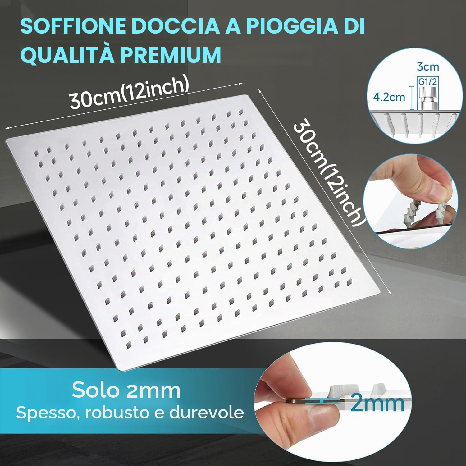 HAUSPROFI Soffione doccia anticalcare, testa doccia a pioggia risparmio d'acqua con ugello in acciaio inox 12 pollici/30 cm finitura cromata lucida (specchio), quadrata