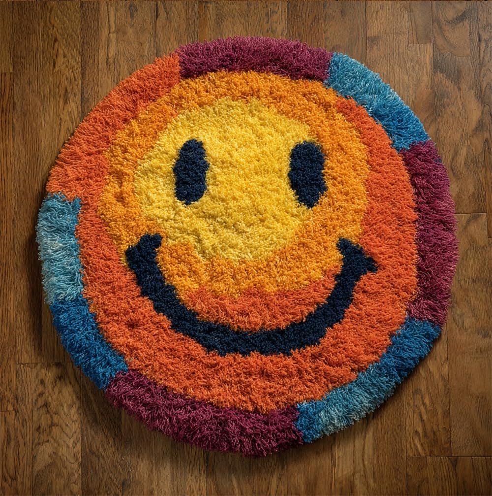 kitphoenix Latch Hook Rug Kit, DIY Latch Hook Smiling Balloon 20X20Inch (50X50Cm) Rug Handmade Carpet, Crochet Yarn Embroidery Needlework Hooks DIY Latchs Kit for Beginners, Home Decor
