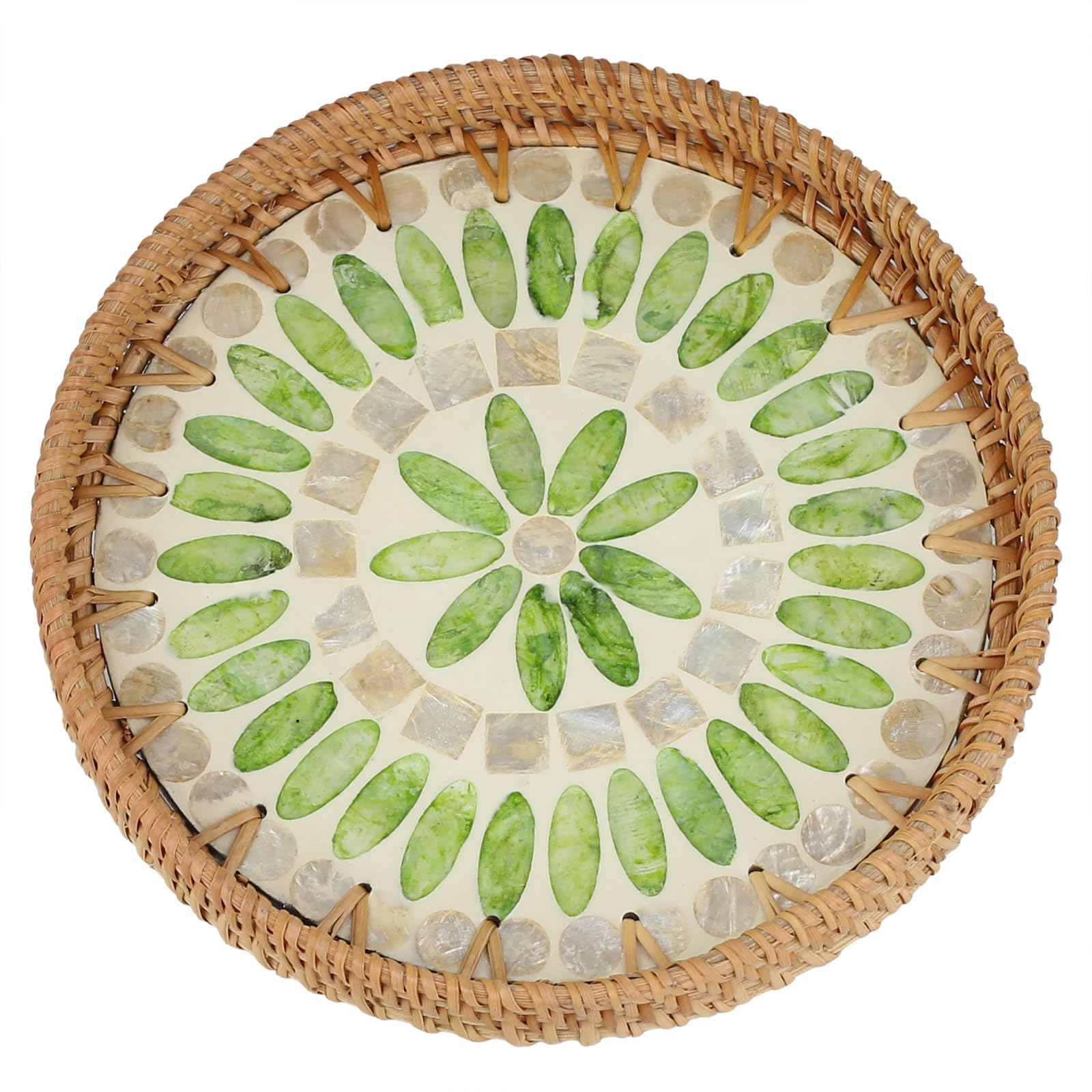 DLBTWDOYLS Natural Woven Rattan Round Storage Tray, Inlaid with Mother-of-Pearl, Handcrafted Tray Suitable for Snacks, Bread, Breakfast, etc., eco-Friendly Home and Tabletop Decoration