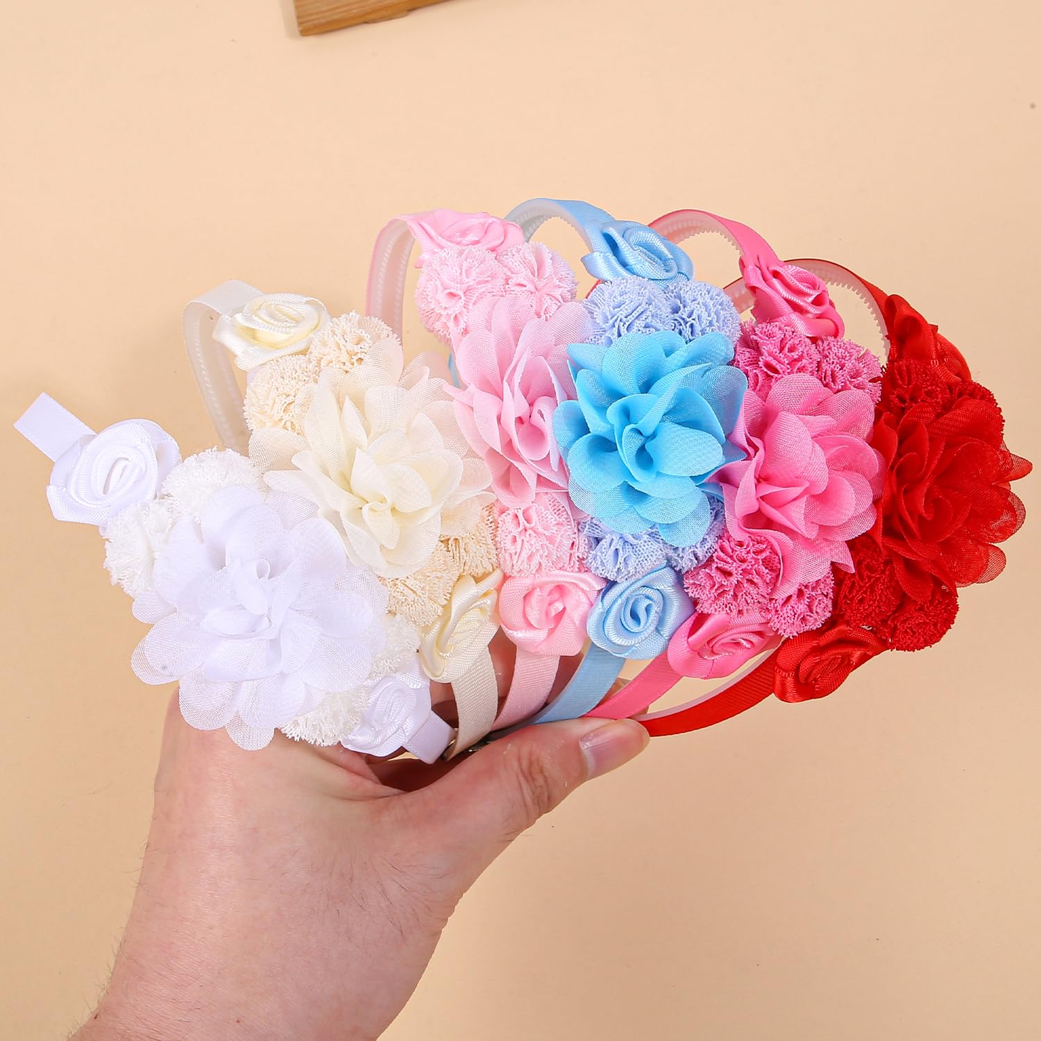 6 Pcs Flower Headbands for Girls - Colorful Floral Hair Hoops with Rose & Chiffon Flowers, Soft Fabric Hair Accessories for Girls Kids Photoshoot Props - Image 4